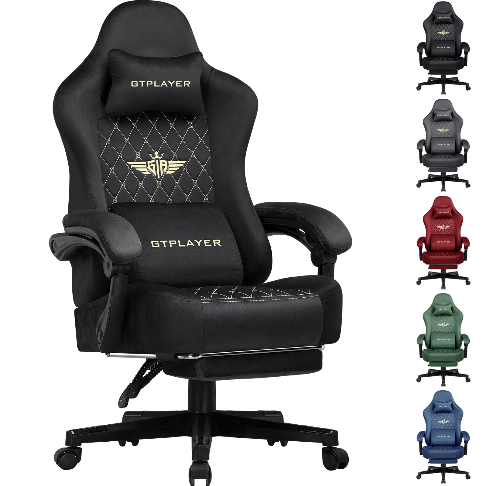 GTPLAYER Fabric Gaming Chair, Ergonomic Computer Chair with Footrest and Lumbar Support Height Adjustable Home Office Chair with 360ยฐ-Swivel Seat and Headrest (Black)