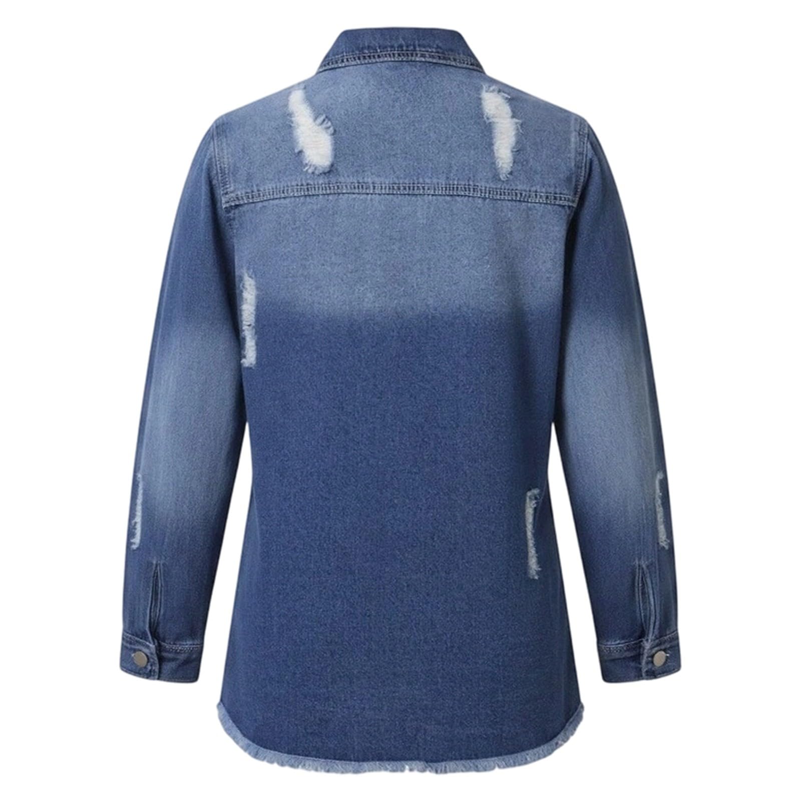 Damen lange, gewaschene Jeansjacke als lässiger, offener Langarmmantel, klassischer Denim-Look für Alltag und kühle Sommerabende
