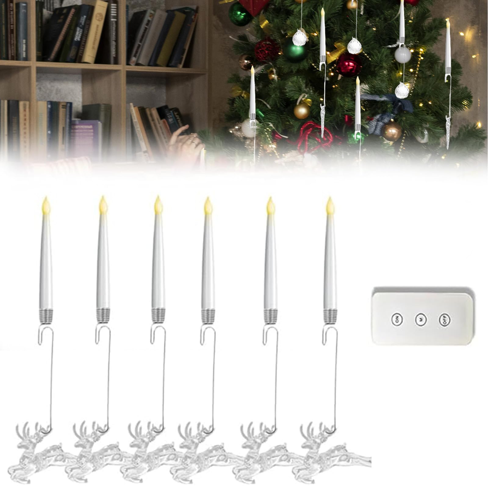 6PCS Christmas Tree LED Candles with Remote & Clear Crystal Ball Hook - 3 Lighting Modes Flameless Flickering Crystal Taper Candle Lights,for Christmas Tree Holiday Decor Party Supplies (Elk)