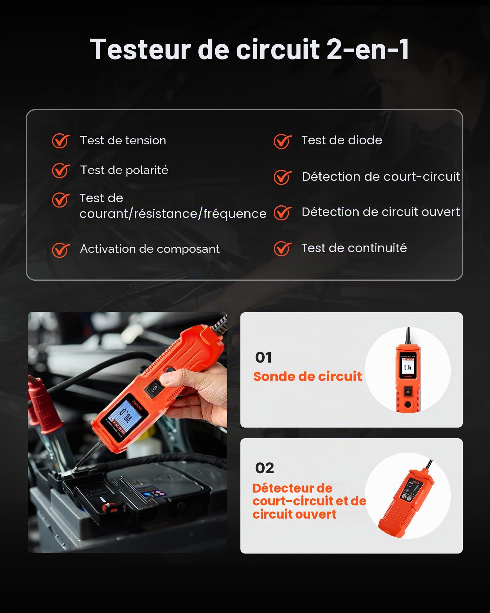 VEVOR Testeur de Circuit Automobile 8-35 V DC, Testeur de Tension avec Écran Couleur TFT et Éclairage, Sonde avec Câble 6 m, pour Test de Polarité Résistance Continuité Traçage de Ligne Diode