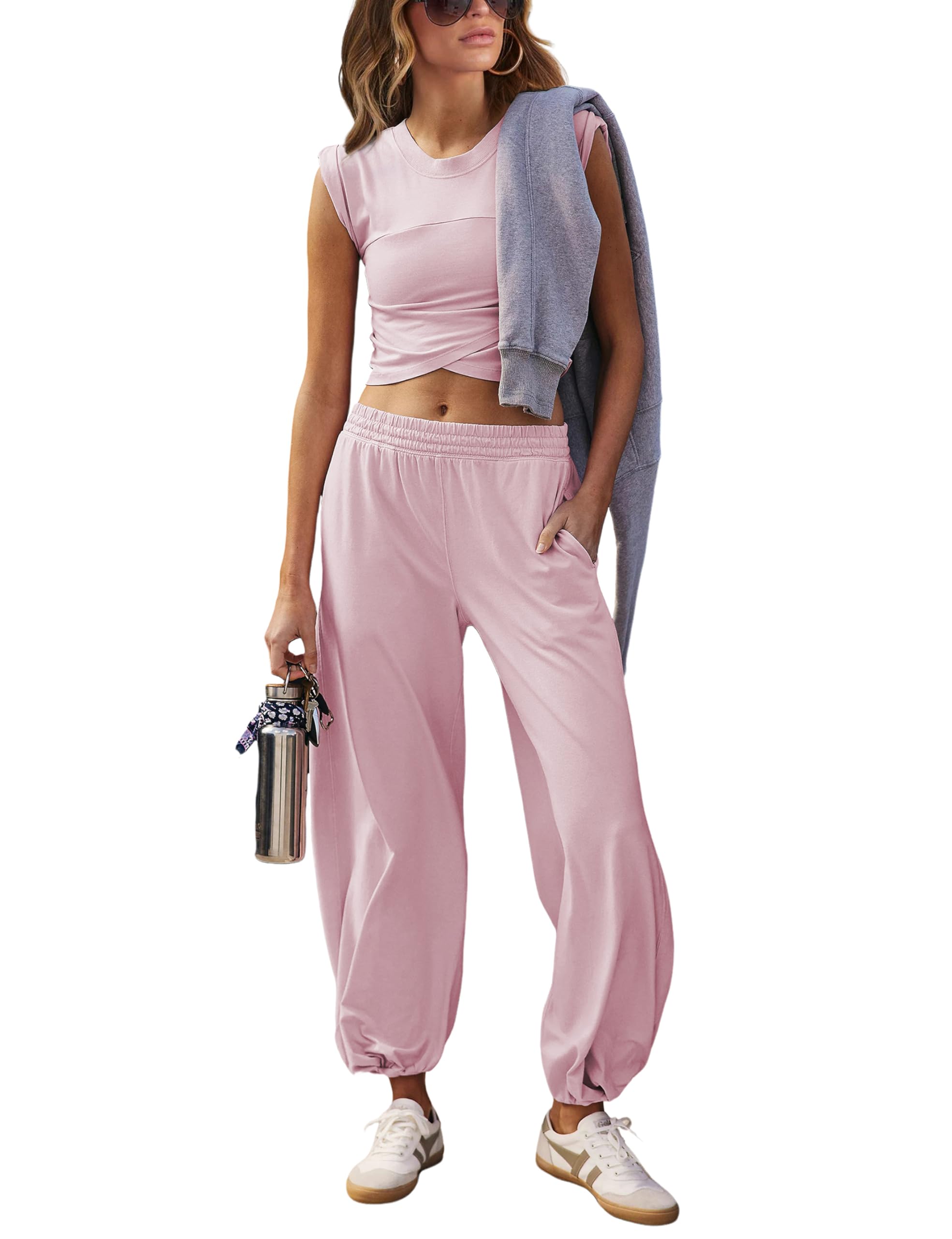 Springrain Womens Two Pieces Outfits Casual Lounge Sets Cropped Tops Sweatpants Tracksuit with Pockets