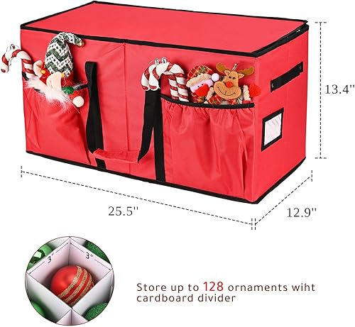 Miniatura 2 de Patiobay Caja de almacenamiento para adornos de Navidad, almacena hasta 128 adornos navideños, contenedor de almacenamiento de Navidad con bolsillo
