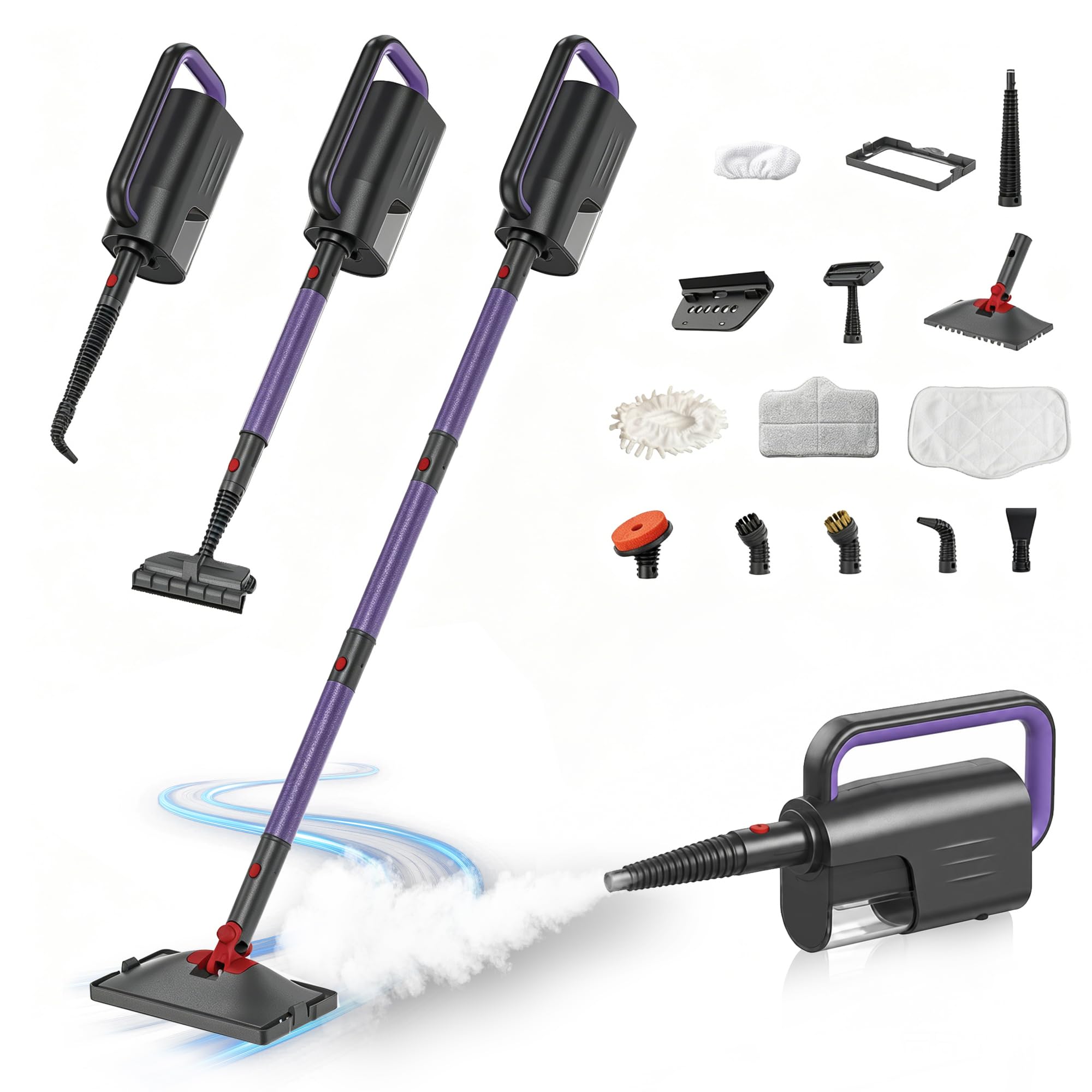 2-in-1 Dampfreiniger,1500W Handgerät,15s Aufheizung | 15s Aufheizung, 8+4 Zubehörteile,5m Kabel & Drehkopf,Leicht & kompakt, Ideal für Wohnungsübergabe & Küchenreinigung