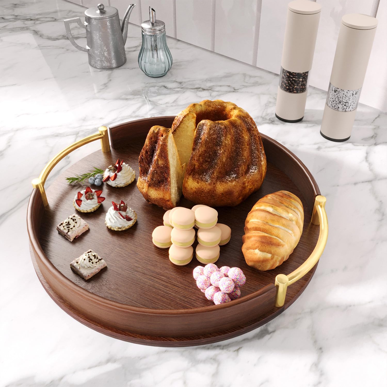 Bandeja de bambú para servir – Plato de cocina redondo con asas de plástico para desayuno, té, café y pan – 25 x 25 cm