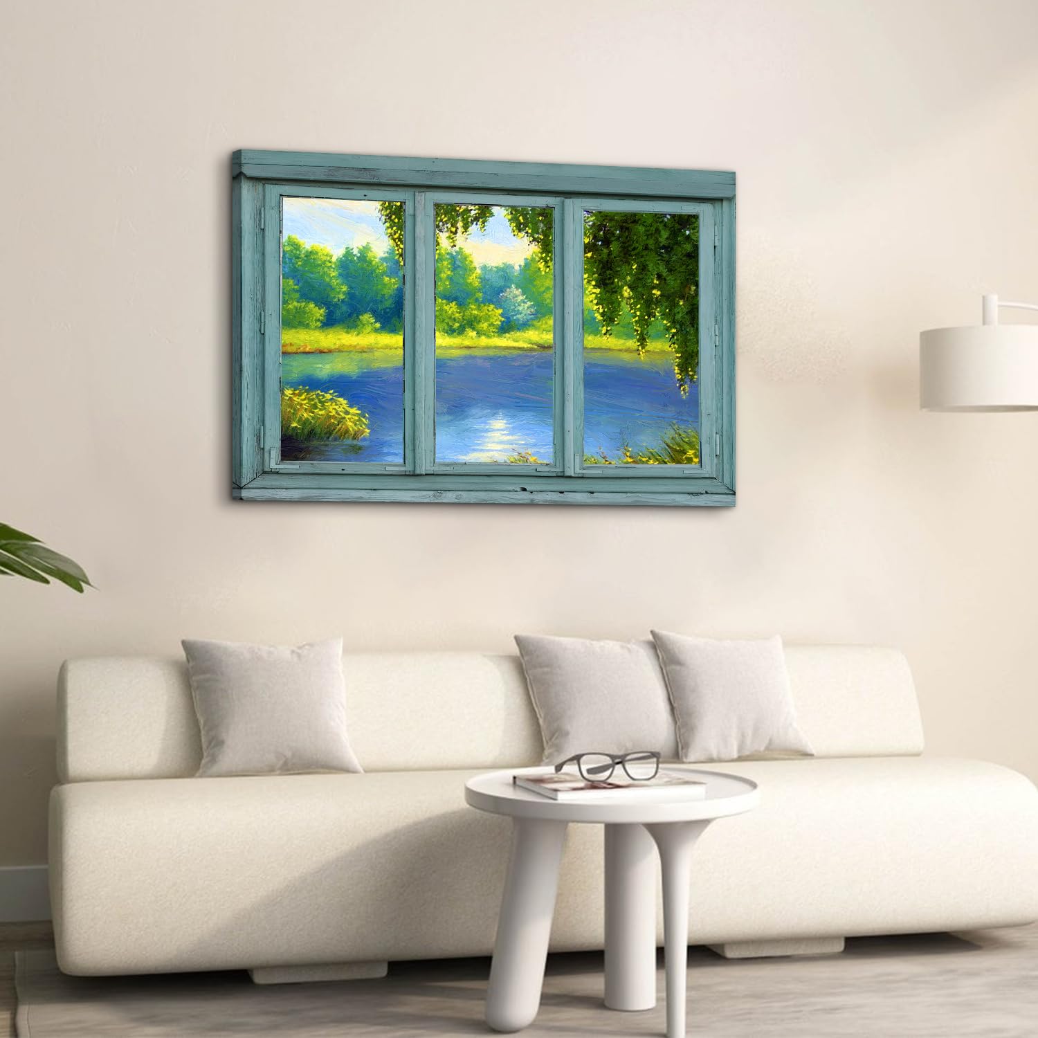 Grande finestra verde foresta arte da parete vista lago immagini decorazione da parete stile pittura a olio paesaggio selvaggio immagini su tela natura campagna pittura opera d'arte camera da letto