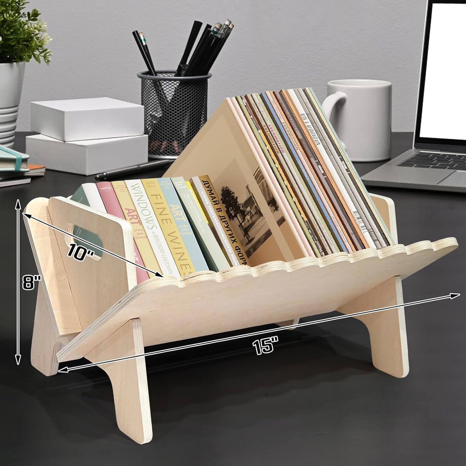 Wooden Tabletop Bookshelf Scalloped Titled Desktop Bookshelf Small Cookbook Bookcases Display Tabletop Storage Rack for CDs Magazine Books Living Room Bedroom Office Desktop Decor