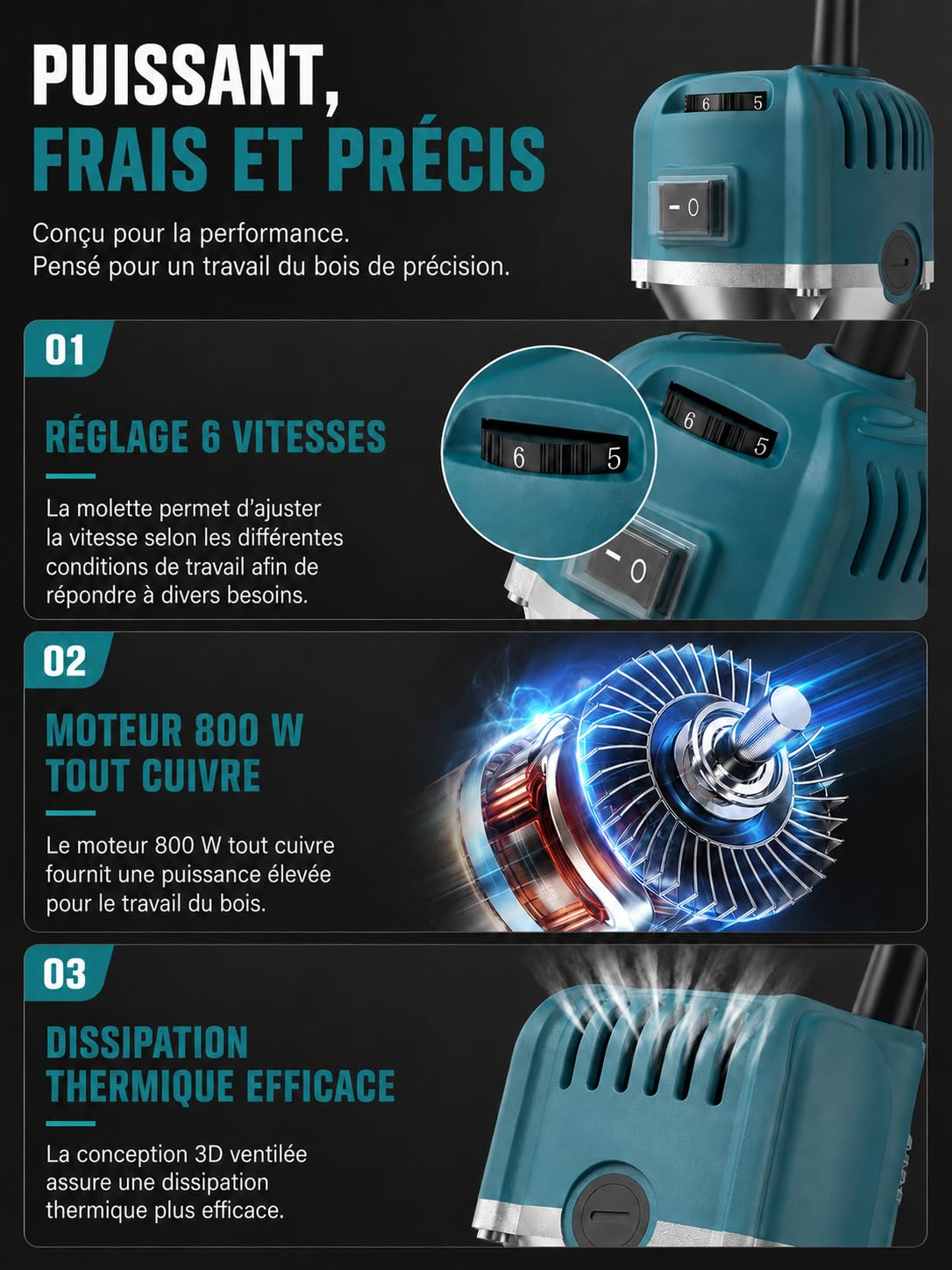 VOBOR Affleureuse à Bois Défonceuse Électrique, 800W 30000 RPM Défonceuse à Bois avec 15 Fraises à Défoncer Queue de 1/4", Outil de Routeur avec Pinces de 6/6.35mm pour Travail du Bois