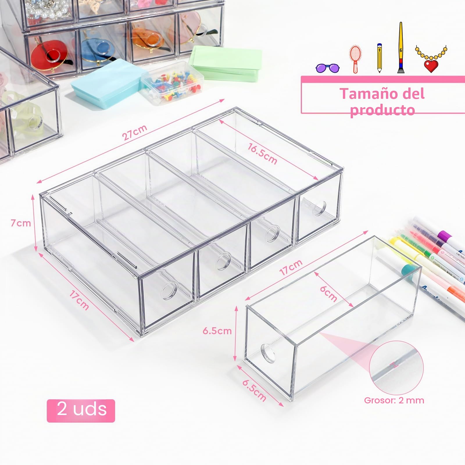 Organizador de escritorio apilable con 2 cajones y 8 compartimentos, caja de almacenamiento multifunción