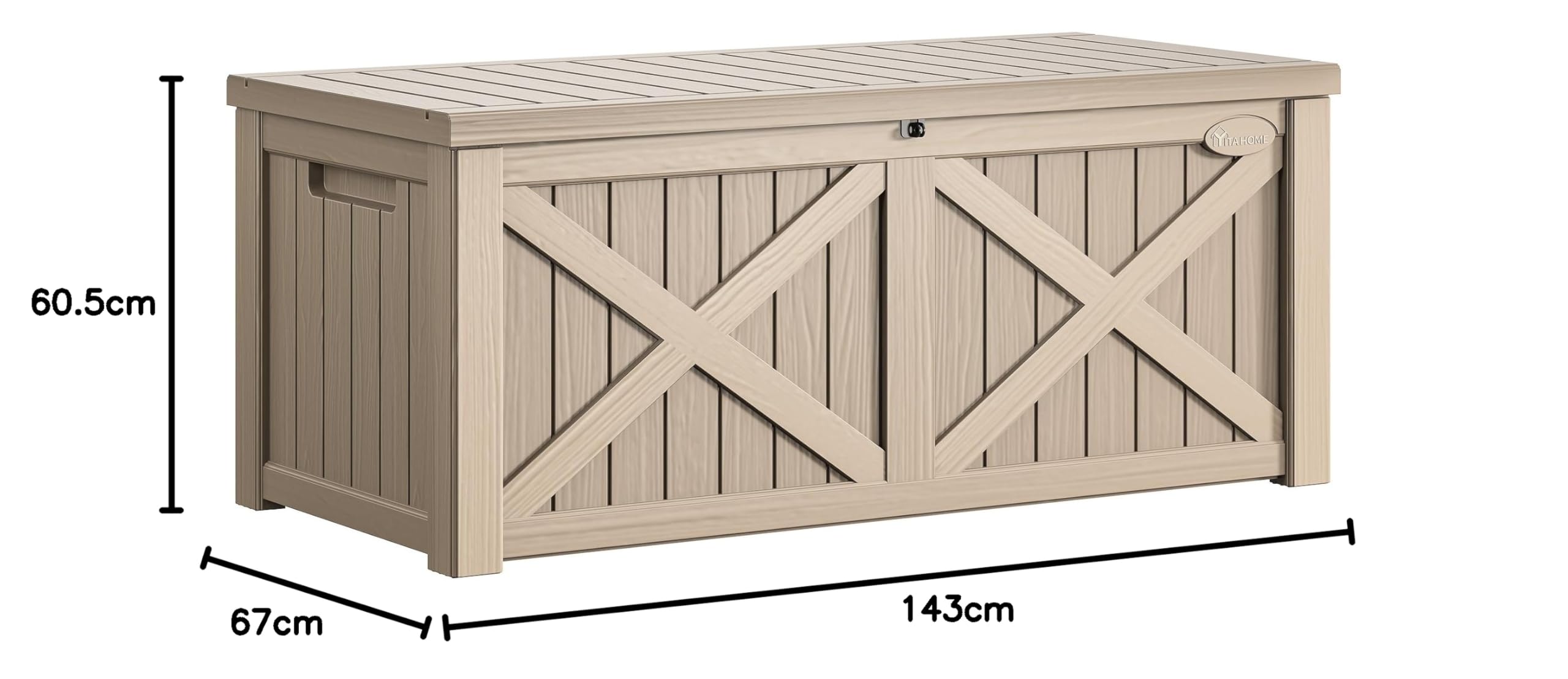 YITAHOME 450L Große Gartenbox mit X-förmiger Front, wasserdichte Resin Aufbewahrungsbox als Sitzbank für Terrasse, Poolzubehör & Gartengeräte – Abschließbar, Taupe