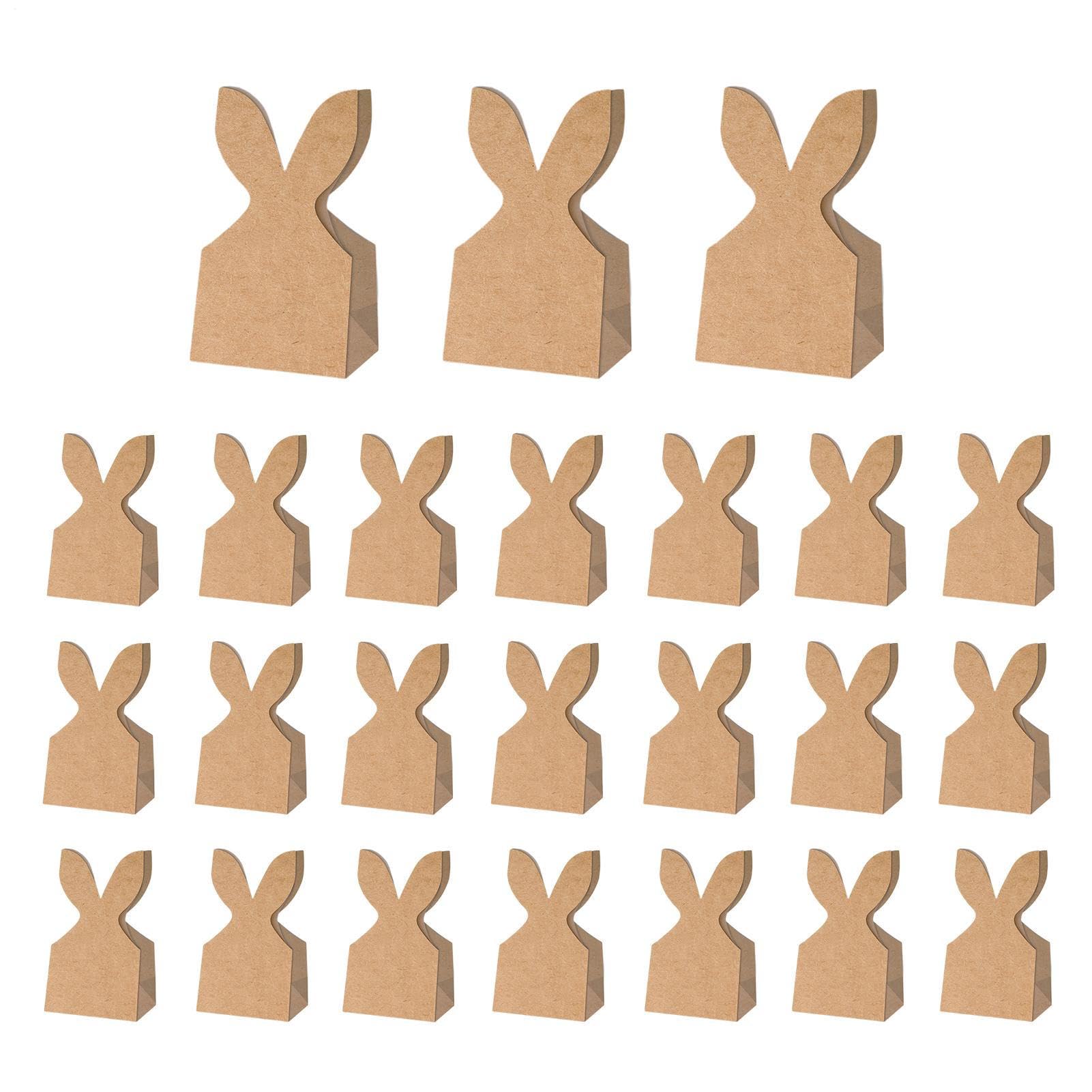 24 Set Easter Bunny Party Favor Bags, DIY Bunny Gift Boxes with Bow Ribbon & Dried Flower, Brown Paper Treat Bags for Birthday, Easter, Spring Holiday