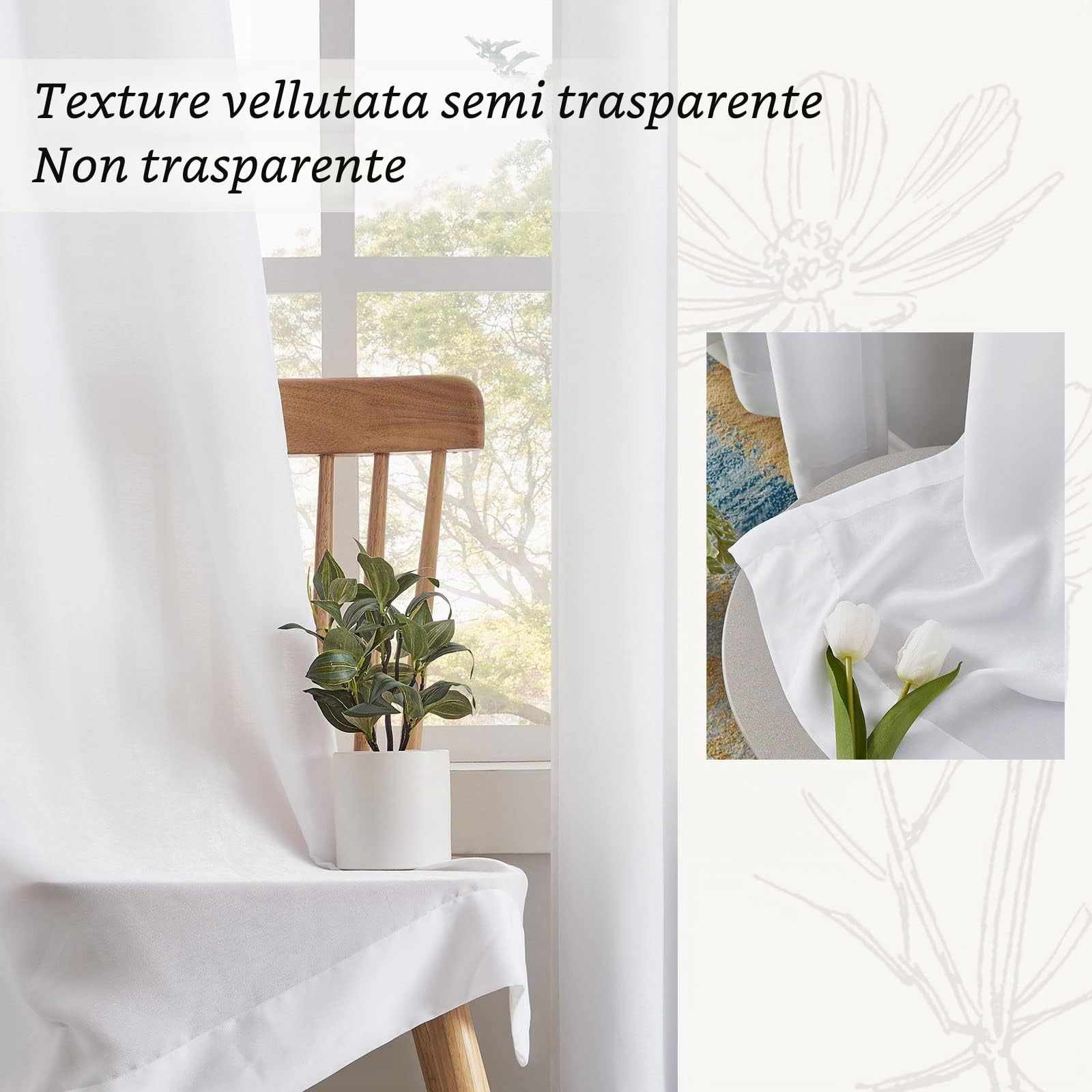 Melodieux Tende semi-velate bianche in velluto semi velato, per camera da letto, soggiorno, con tasca per bastone, tende in voile, 132 x 244 cm (2 pannelli)