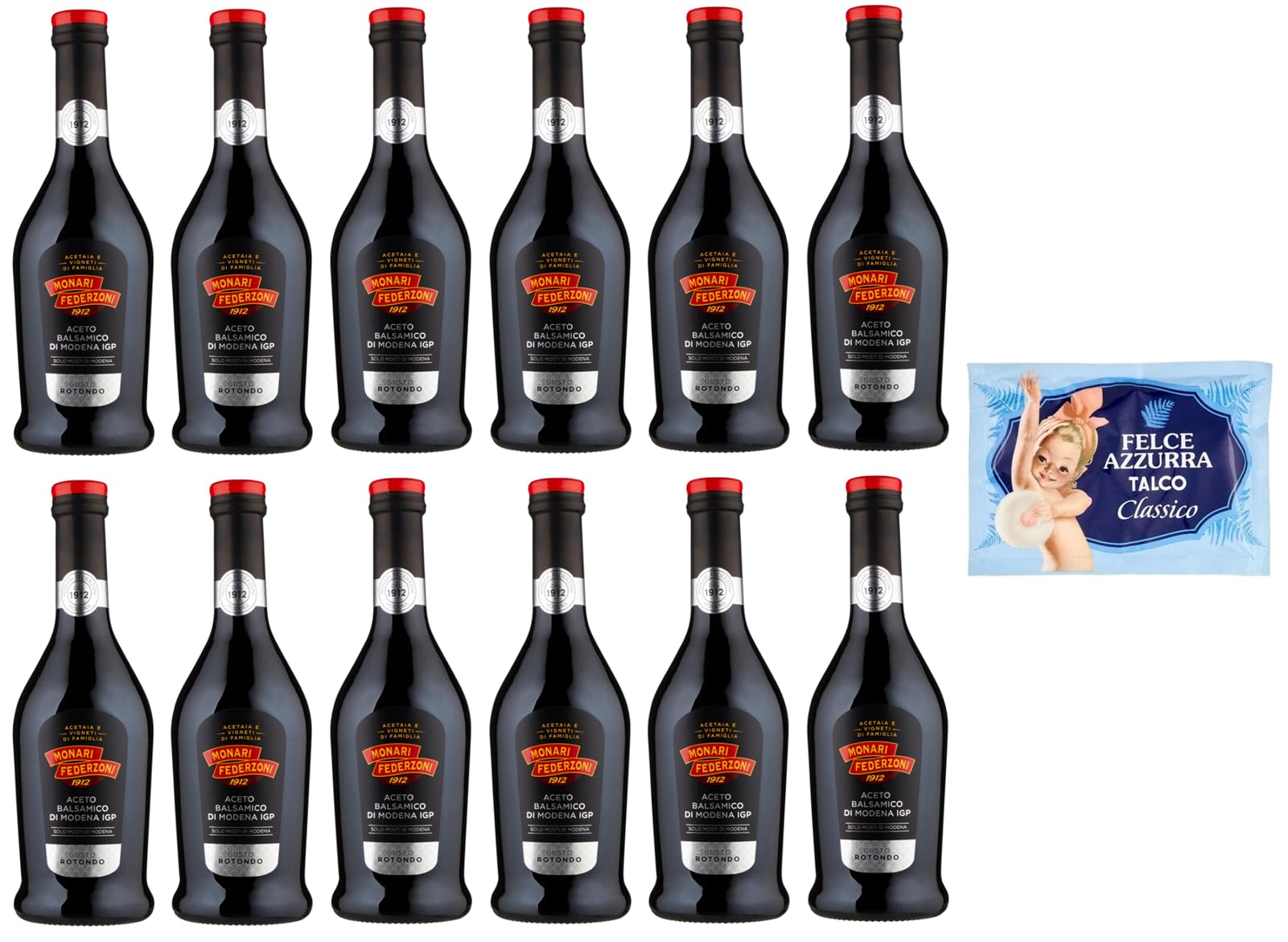 Monari Federzoni Aceto Lot de 12 bouteilles en verre Balsamique de Modena I.G.P.Gusto Rotondo, vinaigre balsamique de Modena I.G.P. 500 ml + 1 sachet de talc Felce Azzurra gratuit, sachet de 100 g
