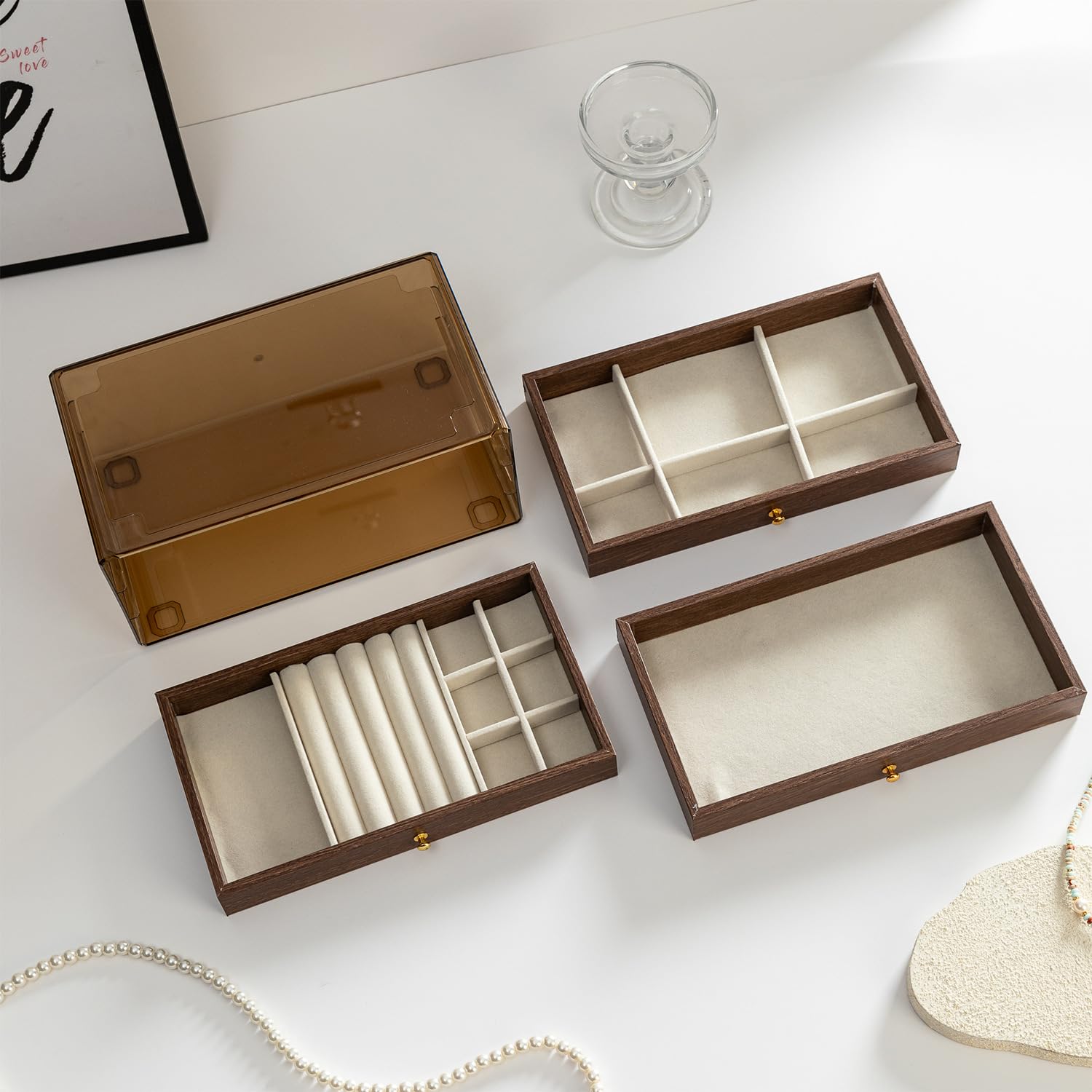 3-tier Jewelry Box Organizer with Glass Lid Wooden Drawers Jewelry Box Vintage Style Jewelry Organizer with Acrylic Cover