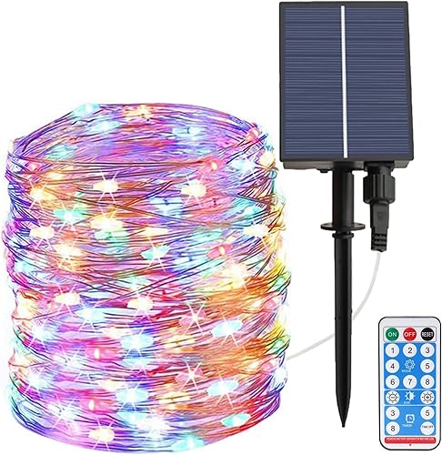 JIMACRO Guirnalda de luces para exteriores, 98.4 pies, 300 luces LED alimentadas por energía solar, alambre de cobre impermeable con panel solar