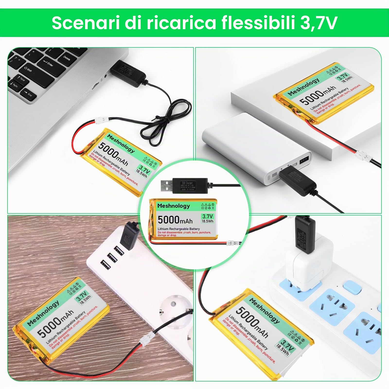 2 PZ 3.7V 5000mAh Li Batteria 105080 con PH 2.0 USB Cavo del Caricatore 1S LiPo Batteria con Bordo di Protezione Isolato Nastro di Gomma per Arduino ESP32 Scheda Modulo Drone RC Auto