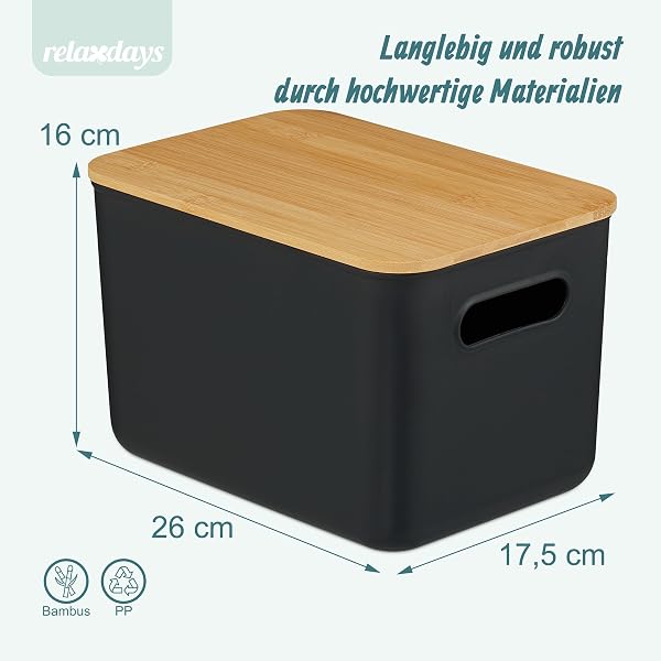 Relaxdays Aufbewahrungsbox, 4er Set, mit Deckel, Kunststoff, Bambus, mit Griffen, Organizer, HBT 16x 26x17,5 cm, schwarz - 4
