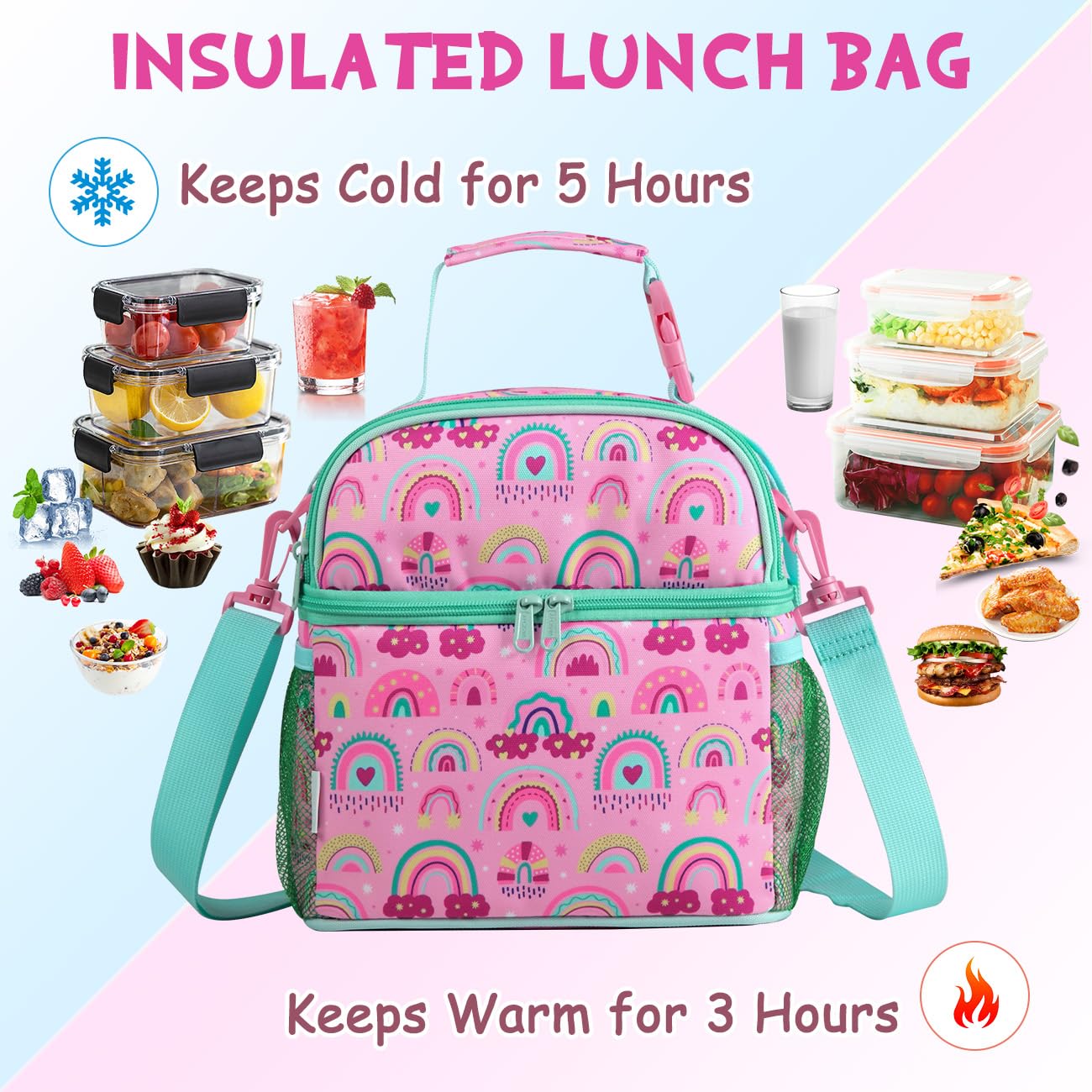VASCHY Bolsa Térmica Infantil Doble Compartimento, 9,4 L, 25 x 14,5 x 26 cm, Nevera Portátil Porta Alimentos para Niños y Niñas con Correa Ajustable, Colegio y Guardería, Arco Iris