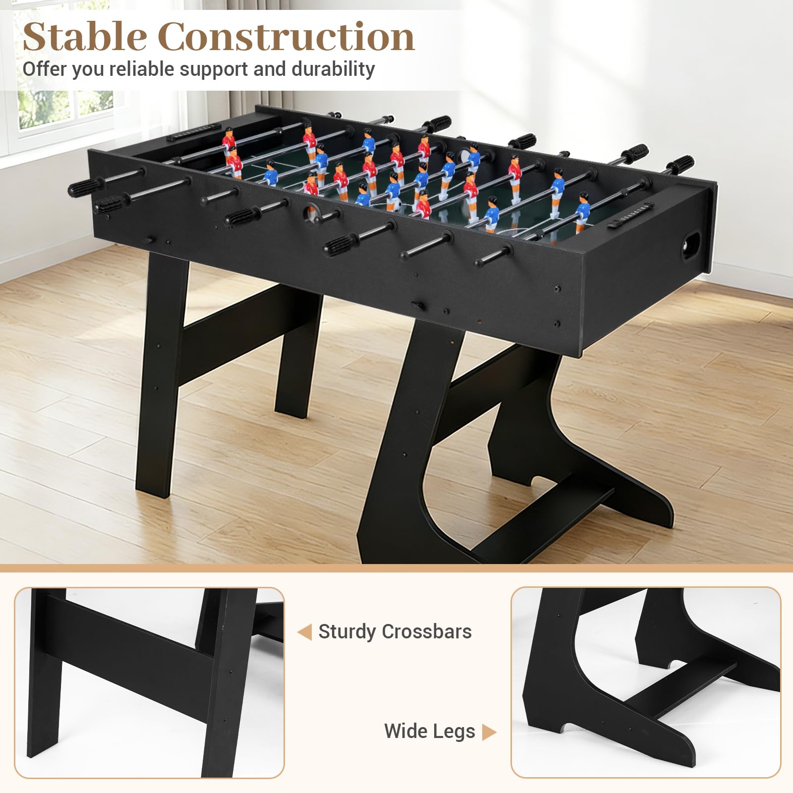HOMASIS Kickertisch, klappbarer Tischfußball inkl. 22 Kicker, 2 Bällen & 2 Punktezähler, Tischkicker für Erwachsene & Kinder, Fußballtisch, Spieltisch für Partys & Bars, 121 x 60,5 x 81 cm