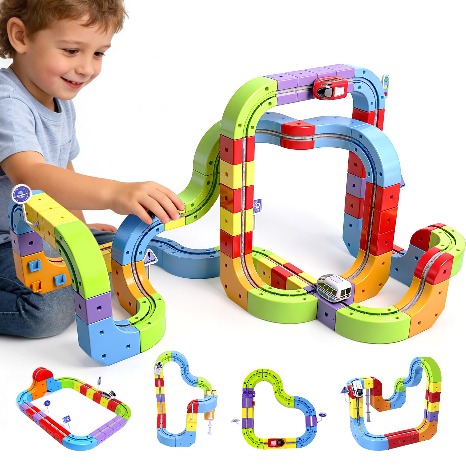 Clickrail Electric Train Set Magic Rail Cube Train Set including 67Pcs Cube Track+52Pcs Accessories Track Fusion Train Track with 2 Rechargeable Magnetic Train Anti-Gravity Train Toy for Kids