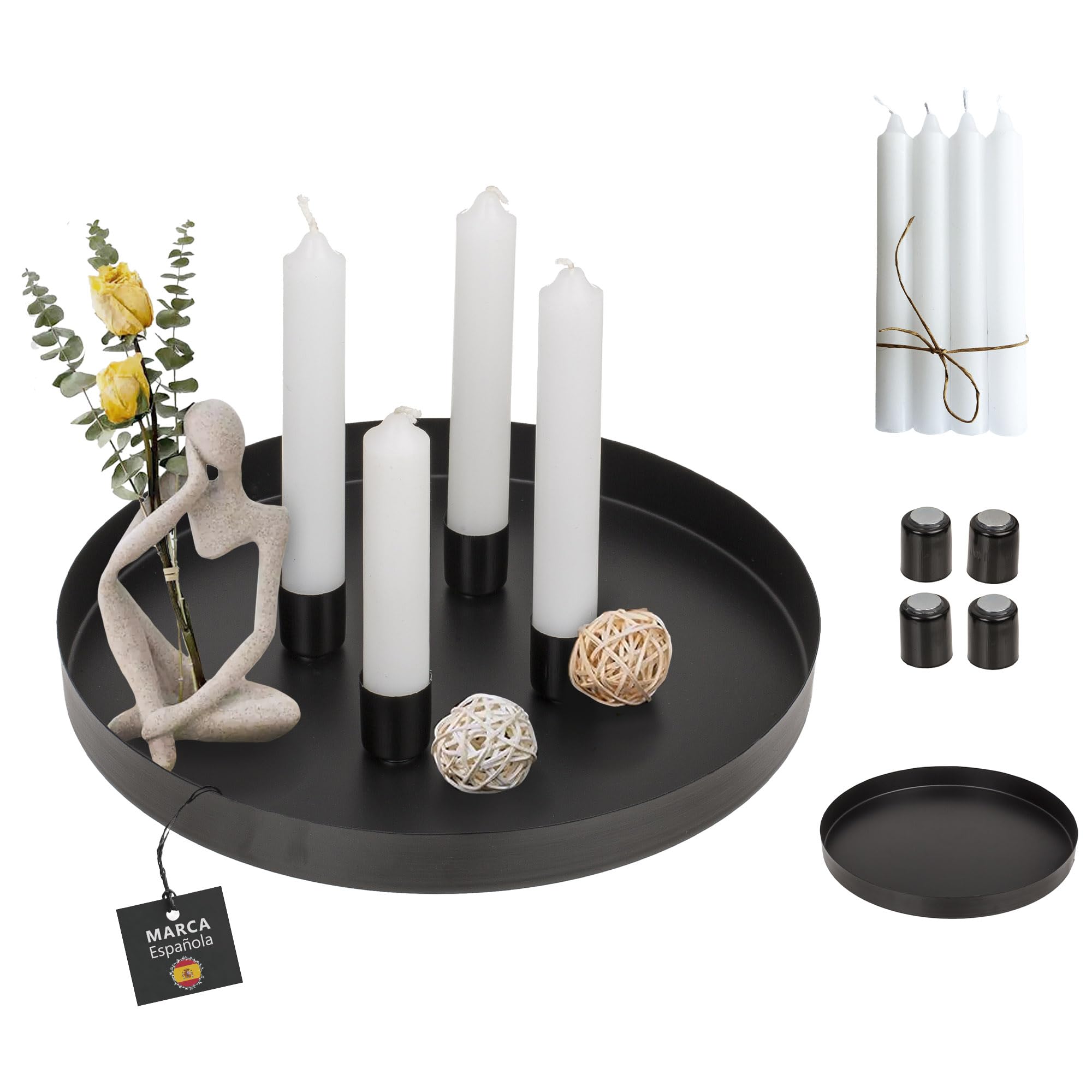 Bandejas Decorativas, Con 4 Velas Blancas Y 4 Portavelas Magneticos, Decoración Hogar, Centros Decorativos De Mesa, Adornos Salón, Decoración Baño, Decoración Cocina, Decoración Recibidor, Todo El Año