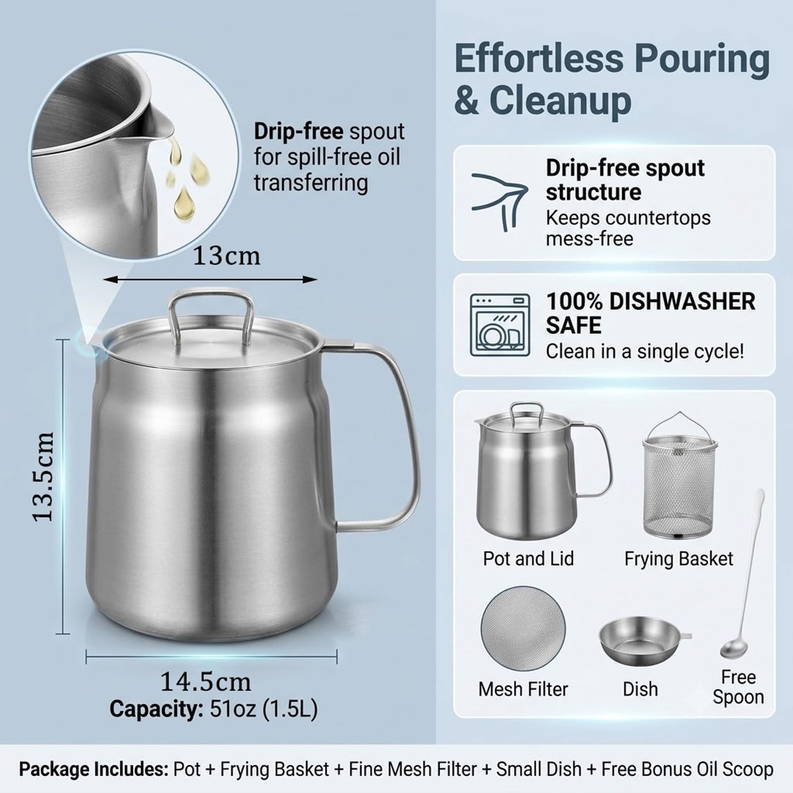 Genérico Olla Colador De Aceite Multifuncional 2 En 1, Freidora De 1.5 L (51 Oz) Con Cesta, Filtro De Malla Fina Y Cucharón De Acero Inoxidable Gratis
