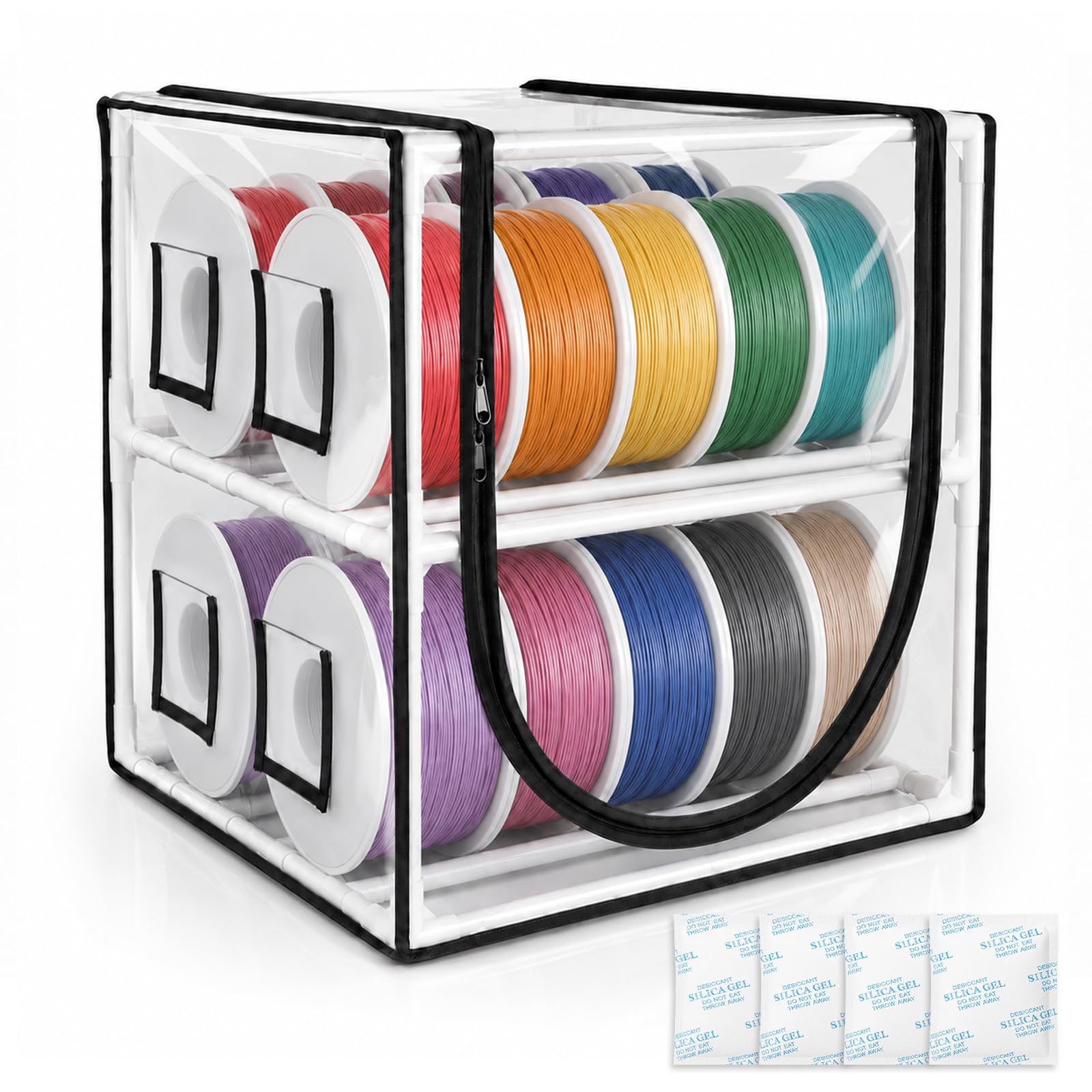 Contenitore per filamenti 3D, scaffale in metallo a 2 ripiani, copertura trasparente, ermetico e antipolvere, spazio per 20-24 rotoli, include 4 confezioni di gel di silice riutilizzabili, per PLA