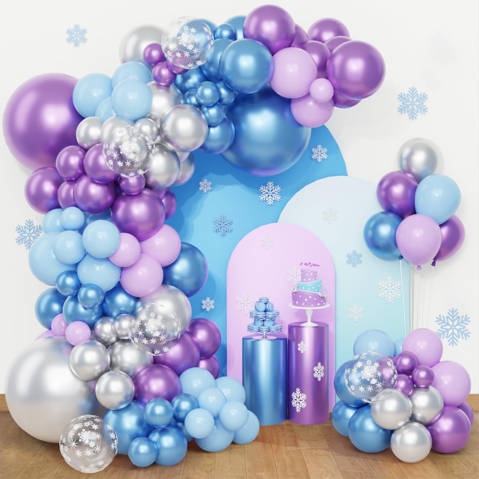 QIFU Frozen Balloon Arch Kit-108 Pcs Light Blue Lilac Balloons Helium Latex Silver Metallic Ballons With Snowflake Birthday Decorations For Girls Baby Shower Wedding Baptism Princess Party Decorations
