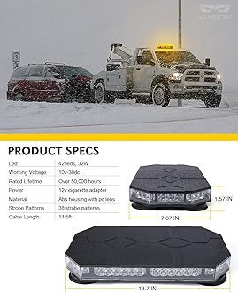 LUMENIX LED Rooftop Strobe Beacon Lights Bar w/Controller Magnetic Emergency Traffic Warning Safety Caution Flashing Light for Construction Vehicles Snow Plow Tow Trucks Postal - Amber (Patent Design)