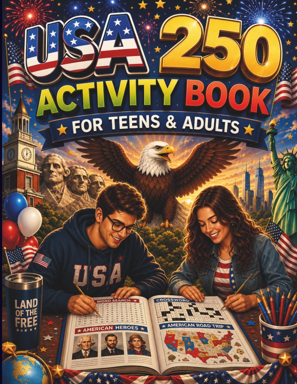 USA 250 Activity Book for Teens and Adults: Patriotic Coloring Pages, Challenging Mazes, Word Searches & Crosswords to Celebrate America’s 250th Anniversary