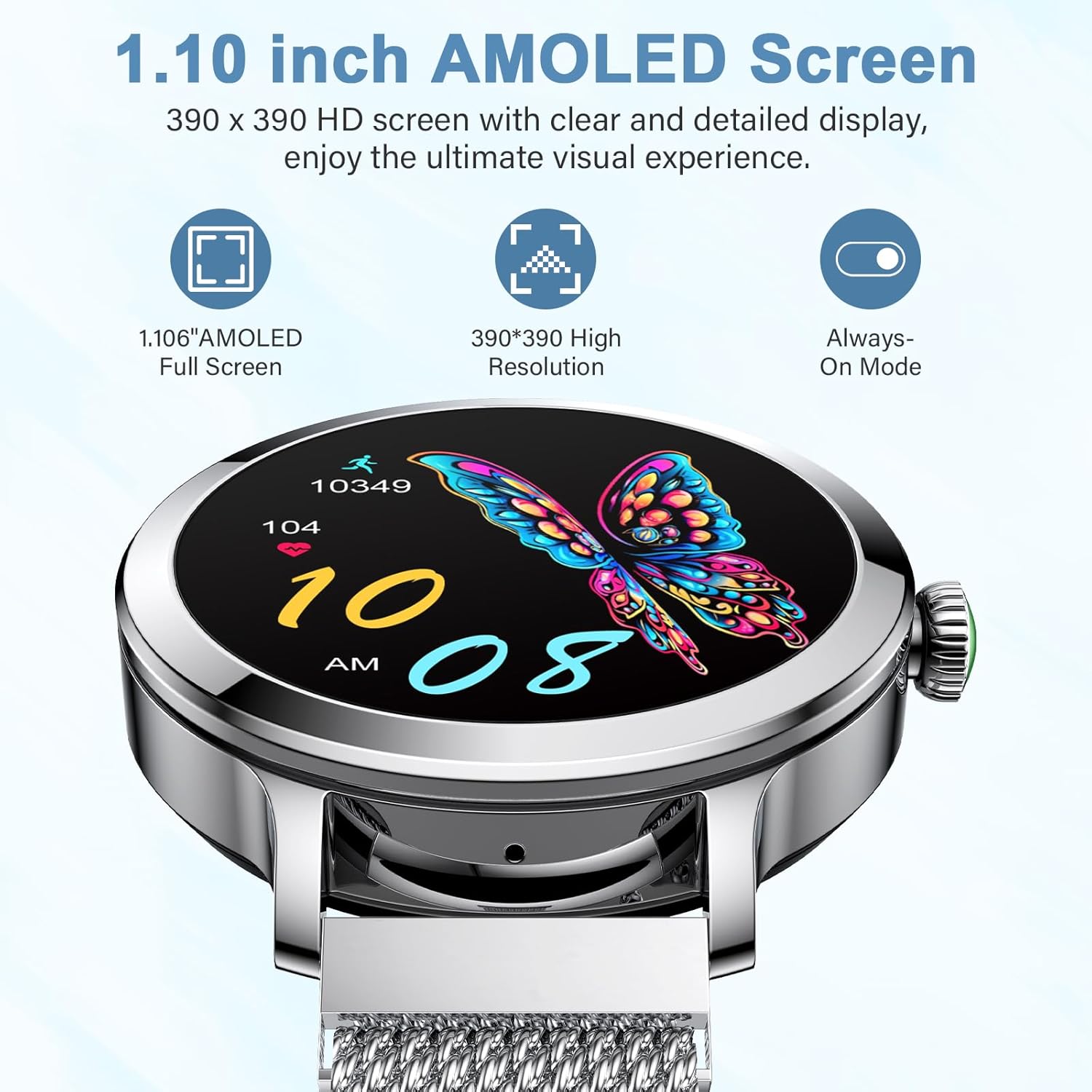 Close-up of the Efolen Smartwatch display, highlighting its 1.10-inch AMOLED screen with 390x390 HD resolution and Always-On Mode capabilities.