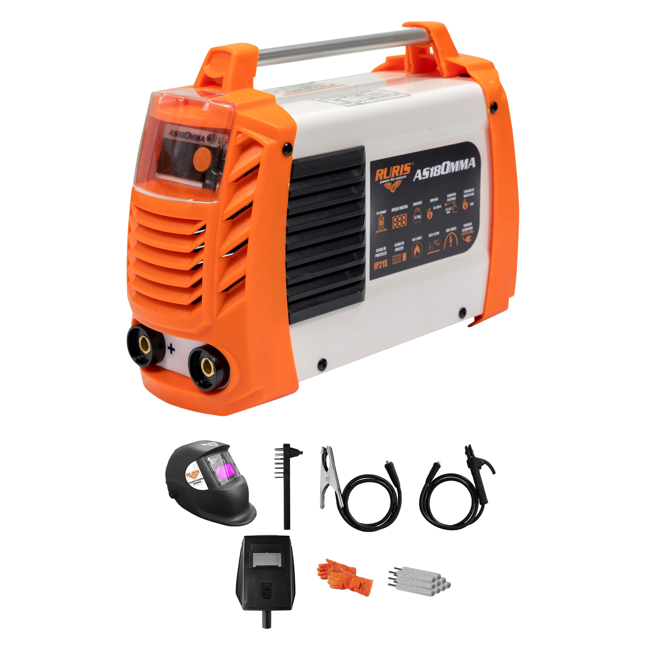 RURIS POWER FOR NATURE Ruris AS180MMA Welding Machine + Mask + Hammer/Brush + 2.5 kg Rutilan Electrodes 3.2 mm + Magnet + Gloves + Welding Mask with Solar Cells