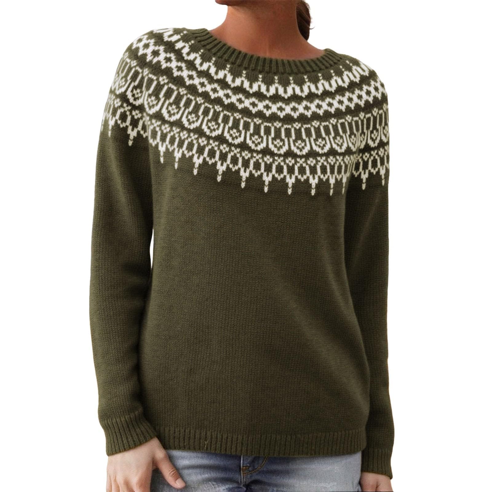 Sweater for Women Long Sleeve Boat Neck Tops Fall Fashion 2025 Casual Sweater Loose Classic Pattern Jumper Tops