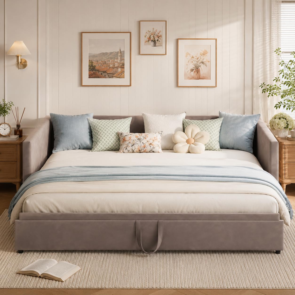 Gepolstertes Schlafsofa 90/180x200 cm, Tagesbett Ausziehbar mit Schlaffunktion, Bett Ausziehbar zum Doppelbett, Ausziehbett mit Lattenrost, Multifunktionsbett, Samt, Grau (Grau, 90/180 * 200)