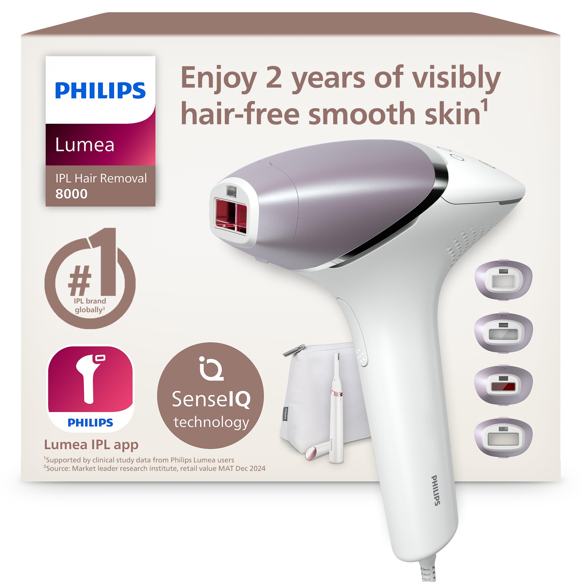 Philips Lumea 8000 Series IPL Hair Removal Device - Laser Hair Removal Alternative, SenseIQ Technology, 4 Attachments for Body, Face, Bikini and Underarms, Satin Compact Pen Trimmer, Model BRI949/00
