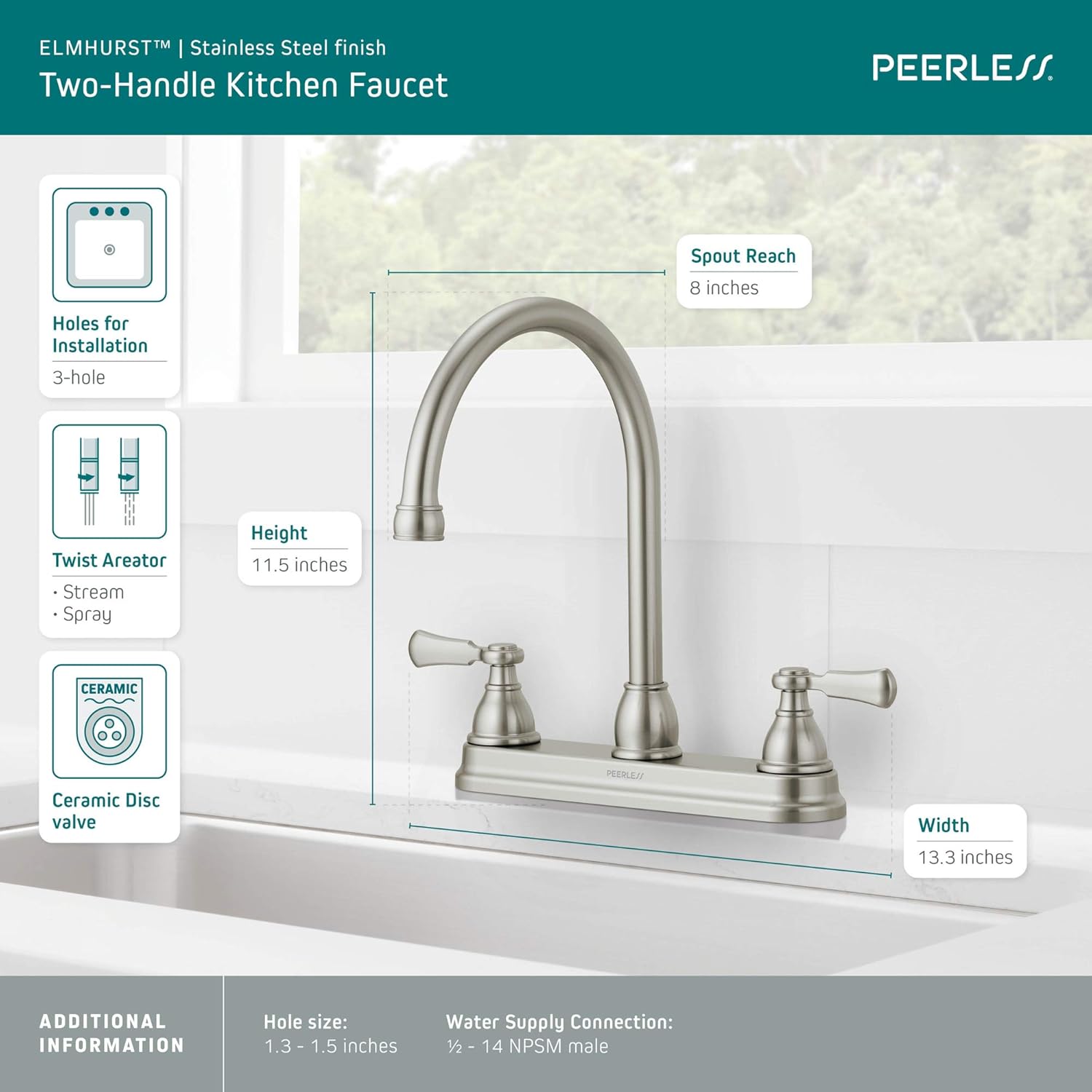 Peerless P2965LF-SS Elmhurst Two-Handle Kitchen Faucet with Twist Aerator Deck-Mount, Stainless
