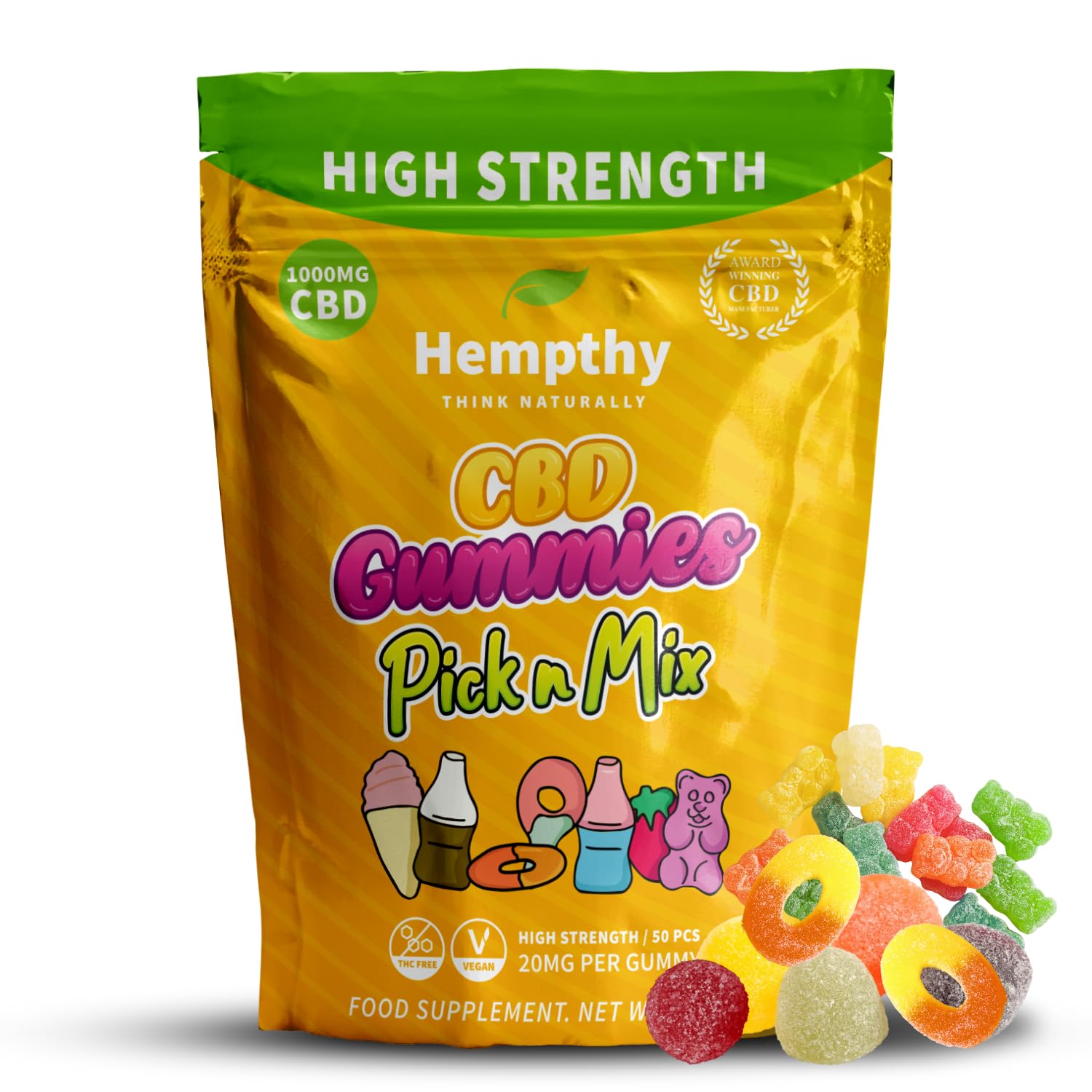 CBD Pick n Mix Gummies, High Strength 1000mg, 20mg x 50 Gummies, 1000mg Total CBD, THC Free, Best UK CBD Gummy Bears, for Pain Relief, Stress Relief & Better Sleep (50 Pack, Gummy Bears)