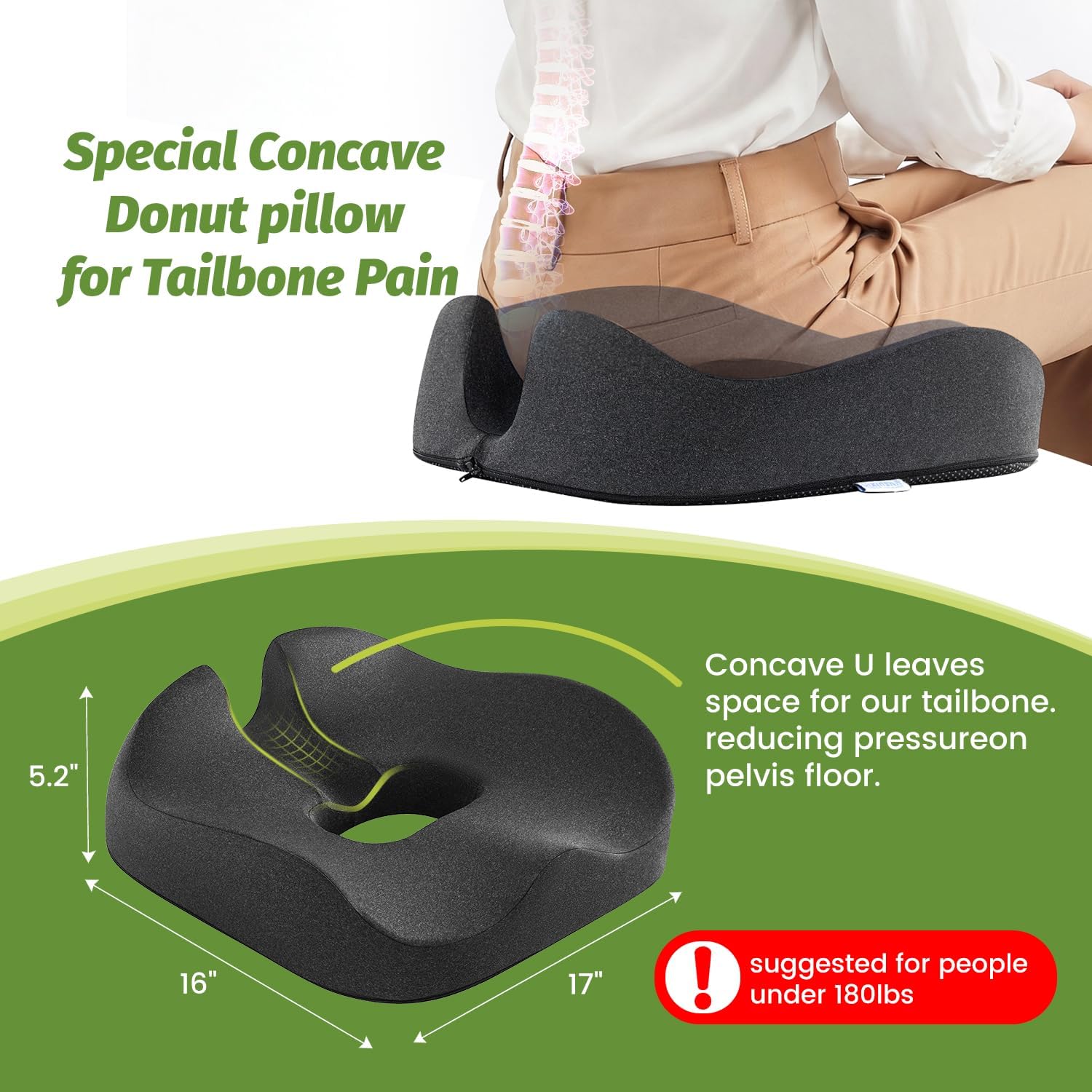 Concave U Surface Donut Pillow for Tailbone Pain Reducing Stress on Pelvis | Hemorrhoid Pillow Cradle Tailbone for Office, Car, Home Seat and Wheelchair Dark Gray