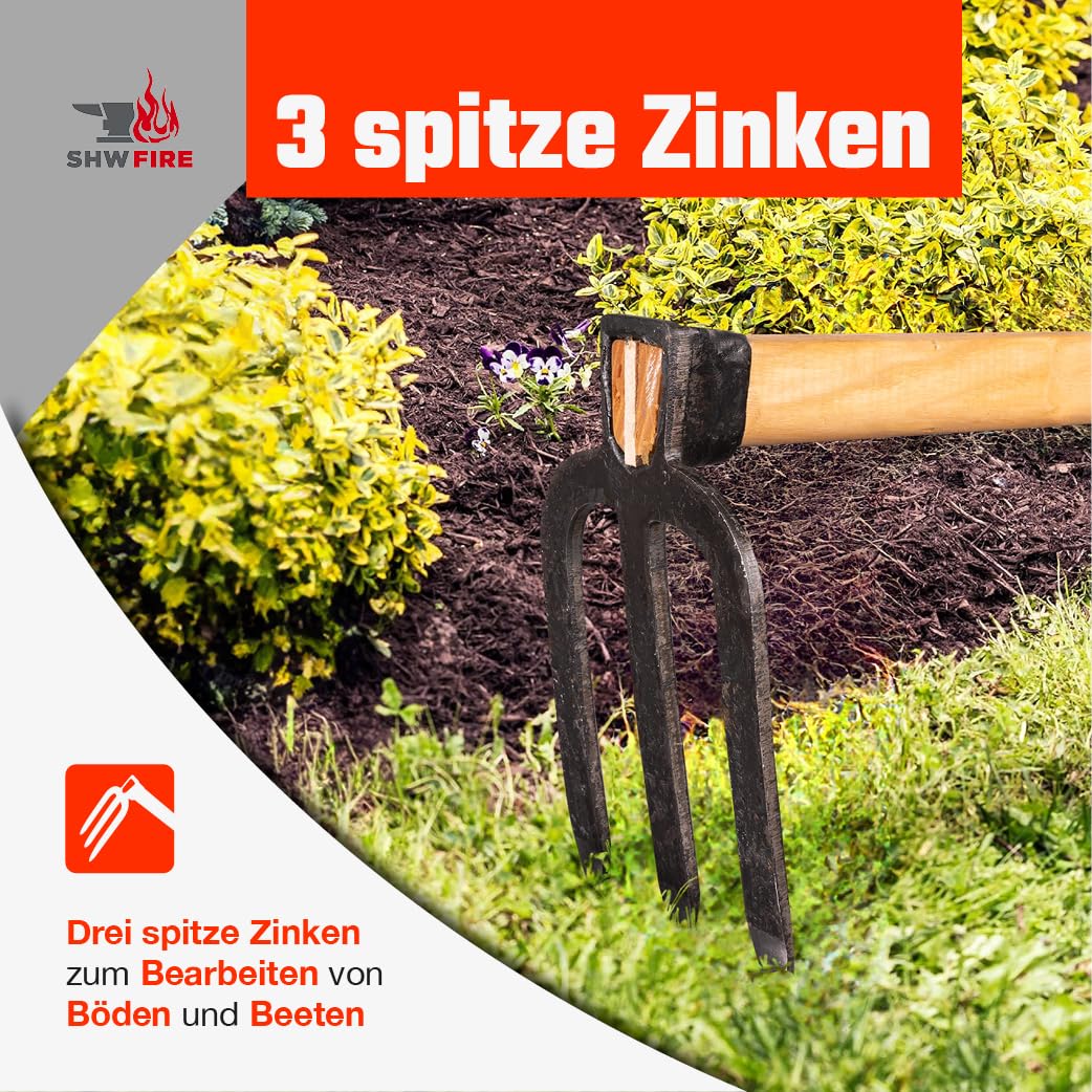 Karsthacke mit 3 Zinken - Geschmiedeter Stahl, 135cm langer Eschenholzstiel. Erleichtert die Gartenarbeit von SHW-FIRE