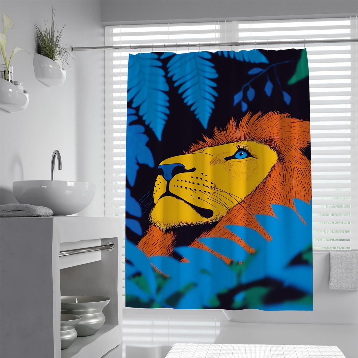 UIRINGART Jungle Lion Shower Curtain W100xL200cm Water Repellent Mold Resistant Tropical Leaves Graphic Fabric Bath Curtains With Hooks Washable Bathroom Screen