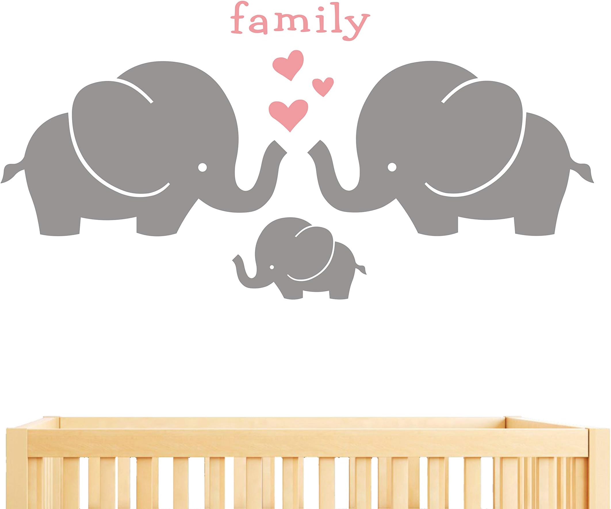 Elephant Family Wall Decal, Cute Baby Nursery Decal, Vinyl Wall Stickers for Baby Girl Boy Bedroom, Nursery Decor, Wall Decals Nursery(Y13) (Gray,Soft Pink)
