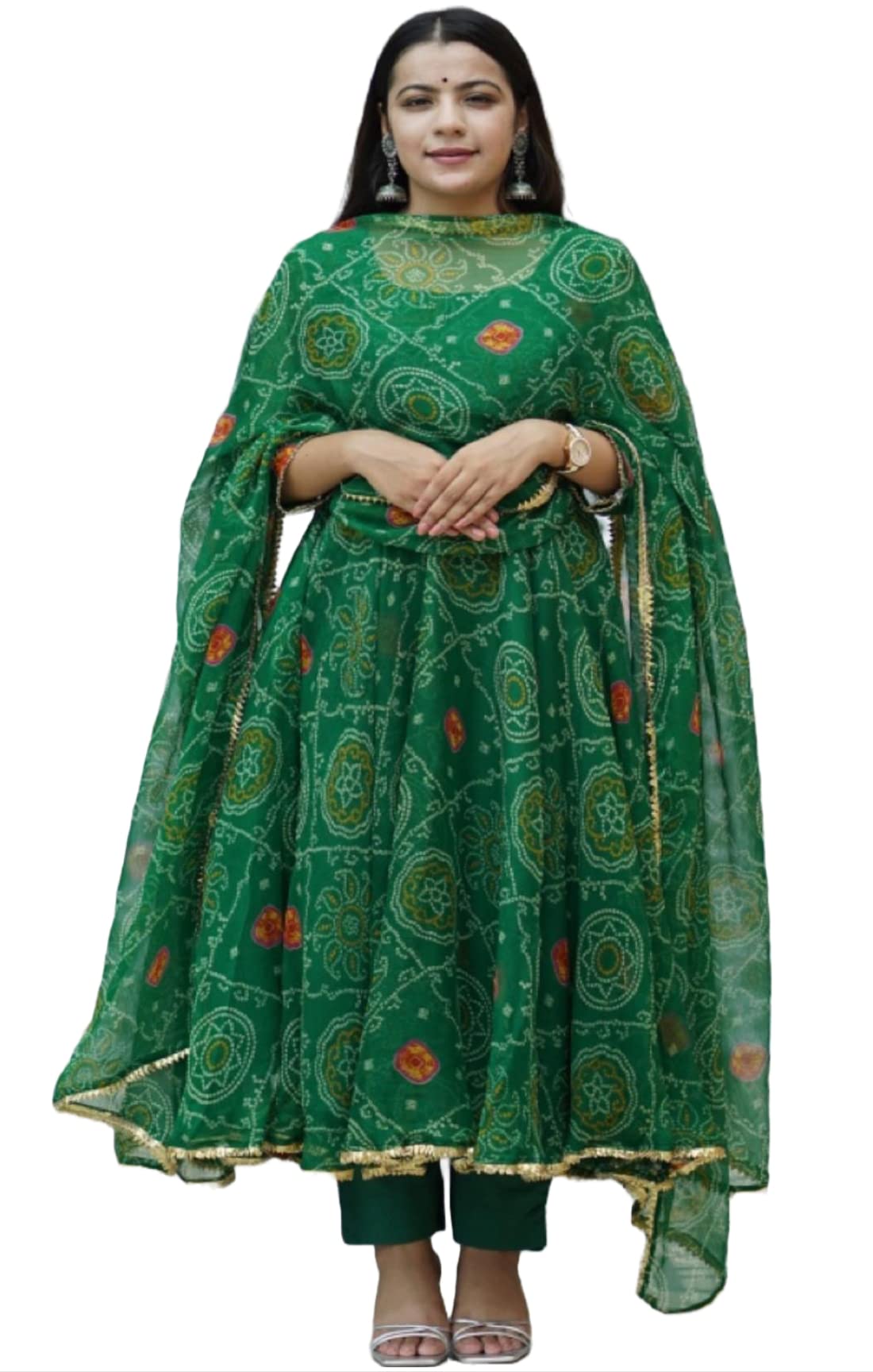 Women's Georgette Bandhani Printed Anarkali Kurta and Pant with Dupatta Set (Preeti Green-004_XL-GS_Green_X-Large)-image-38