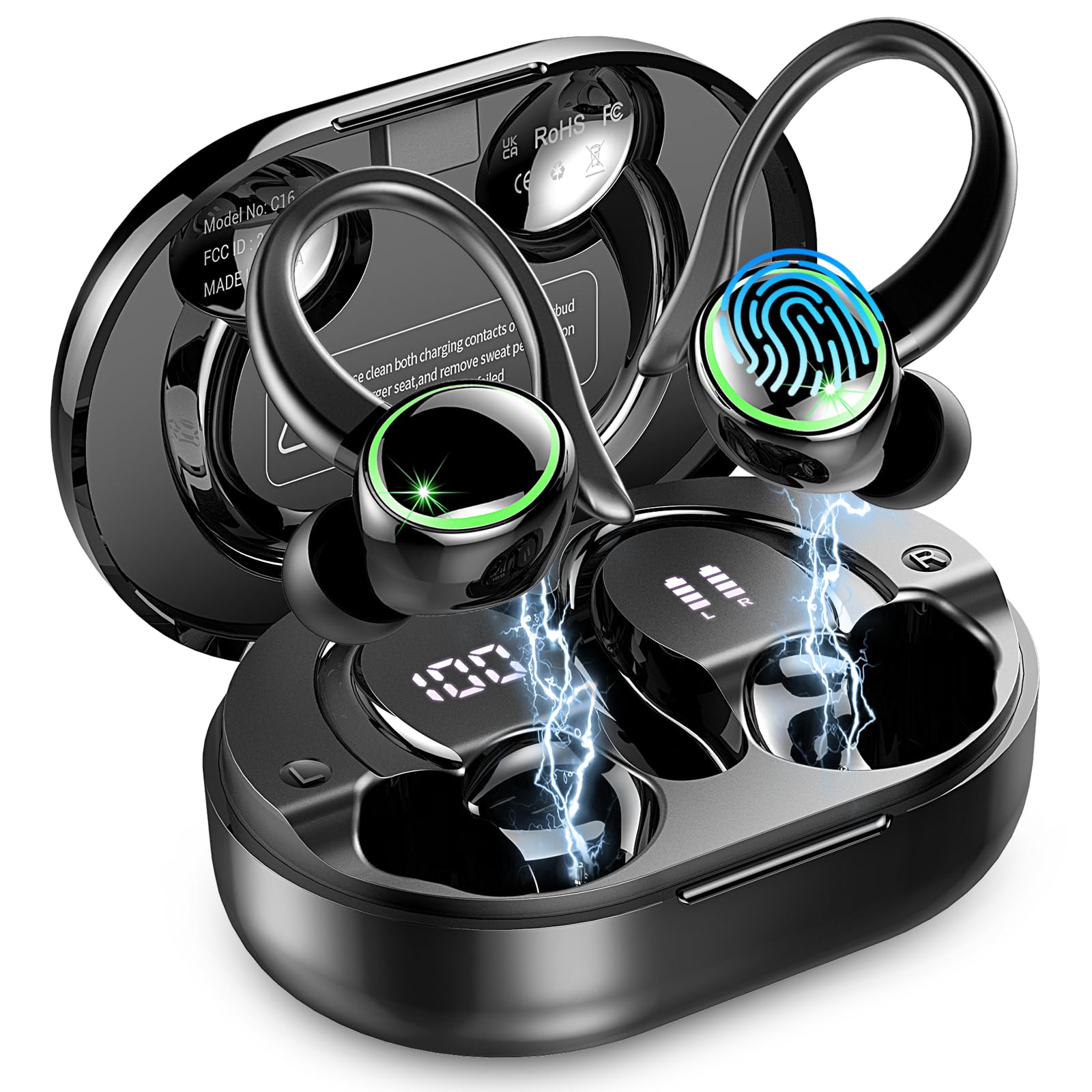 2026 Bluetooth Kopfhörer, Kopfhörer Kabellos Bluetooth 5.4 Sport tiefer Bass, 56 std Spielzeit In Ear Kopfhörer mit 4 ENC Noise Cancelling Mic, IP7 Wasserdicht Ohrhörer LED-Anzeige für Studium/Arbeit