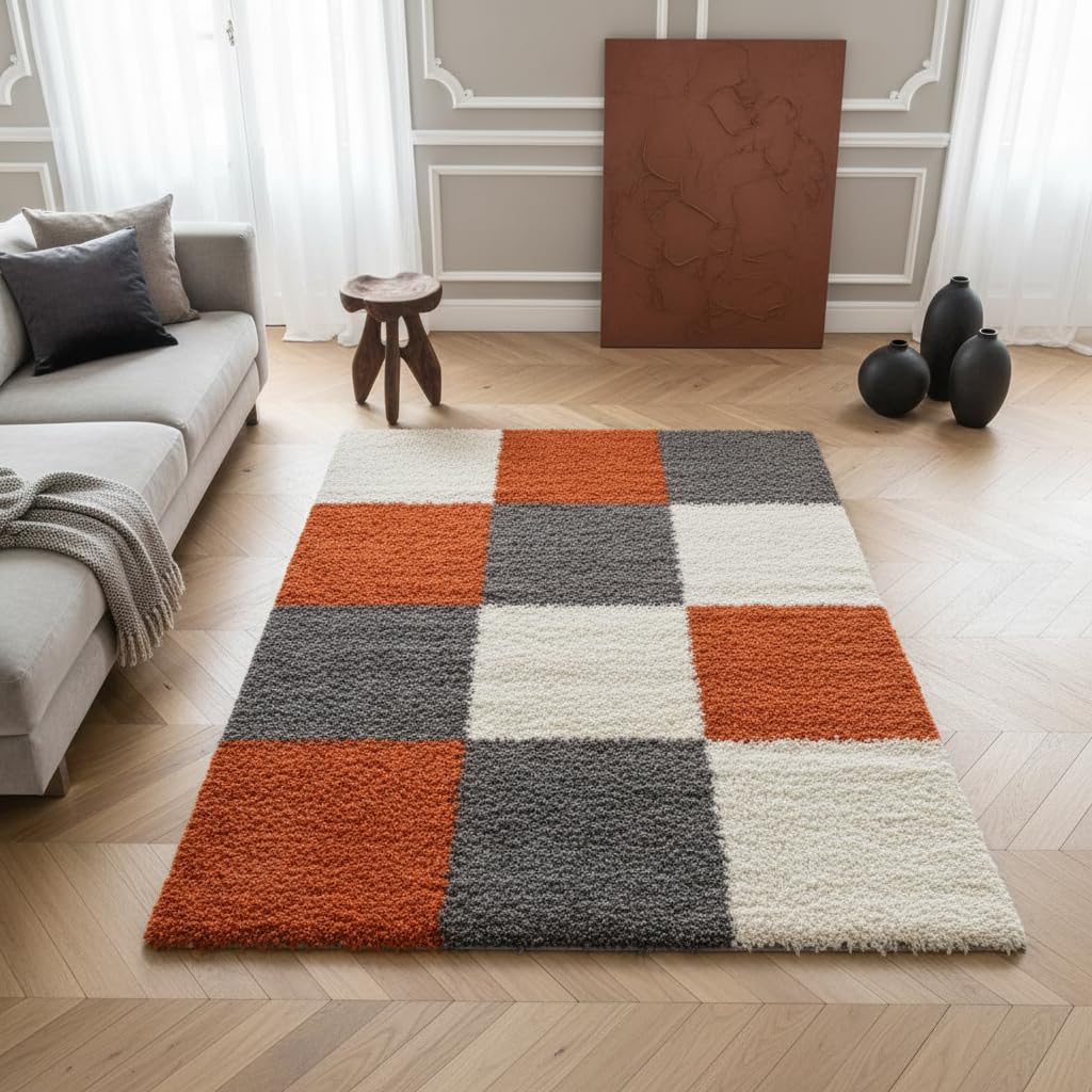 Hochflor-Teppich Wohnzimmer kariert Terrakotta 160x230 cm | Oberseite 100 % Polypropylen, 30 mm Florhöhe, ca. 2.000 g/m², 48.500 Punkte/m², gekettelte Kanten, OEKO-TEX Standard 100