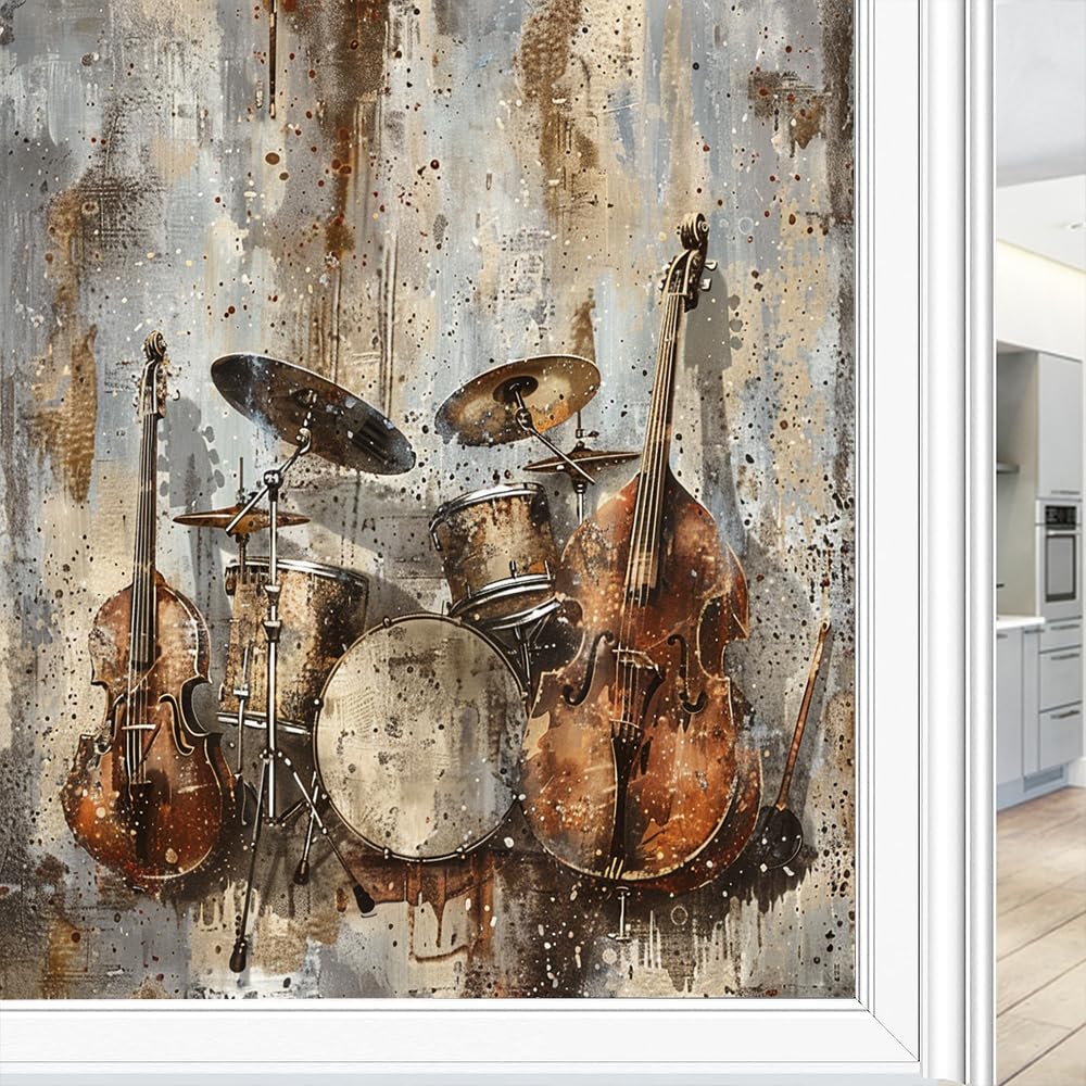 Fensterfolie, Motiv: Retro-Aquarell-Instrumente, Buntglas-Fensterfolie, Gitarrentrommeln, Musikaufführung, dekorative Milchglas-Sichtschutzfolie, Wärmeregulierung, statische Haftung, Fensteraufkleber