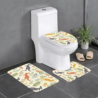 3 Piece Bathroom Rugs Set, Cute Kangaroos and Native Australian Plants Colorful Bath Rug Set,Non-Slip 24"X16" Flannel Bath Mat with U-Shaped Contour Mat & Toilet Lid Cover
