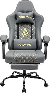 Silla Gaming Ergonómica Profesional con Soporte Lumbar Masaje – Silla Gamer Adulto Giratoria Reclinable, Reposapiés Ajustable y Tela Transpirable 150 kg para Oficina/PC – Gris