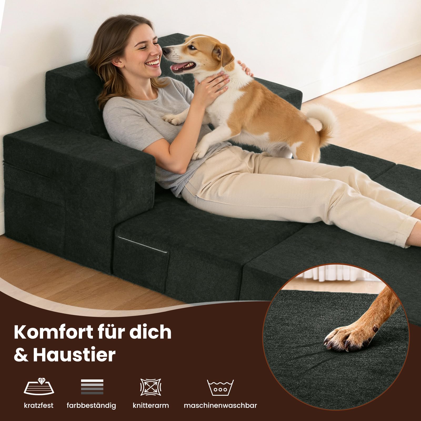 4-in-1 Schlafsofa 100 x 200 cm – Schlafsessel mit Bettfunktion, klappbares Bettsofa, Faltbare Schlafcouch mit schrägen Rückenkissen & separatem Kissen, waschbarer Bezug, Grau