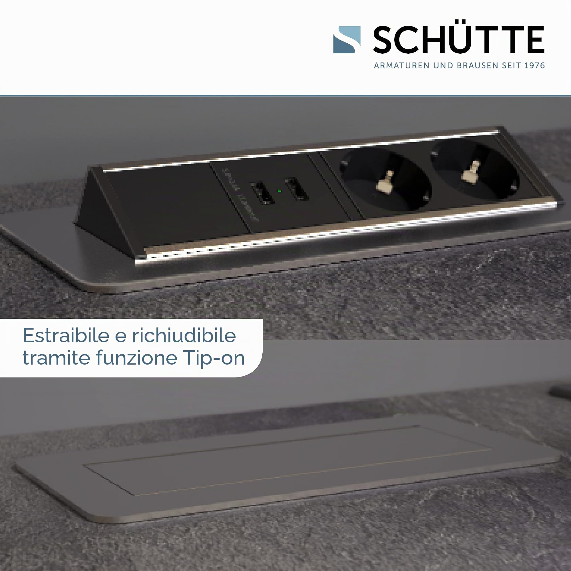 SCHÜTTE, presa multipla richiudibile per piano di lavoro (2 porte USB e 2 prese da 230 V), presa a incasso per cucine da attrezzare, presa da tavolo, in acciaio inox