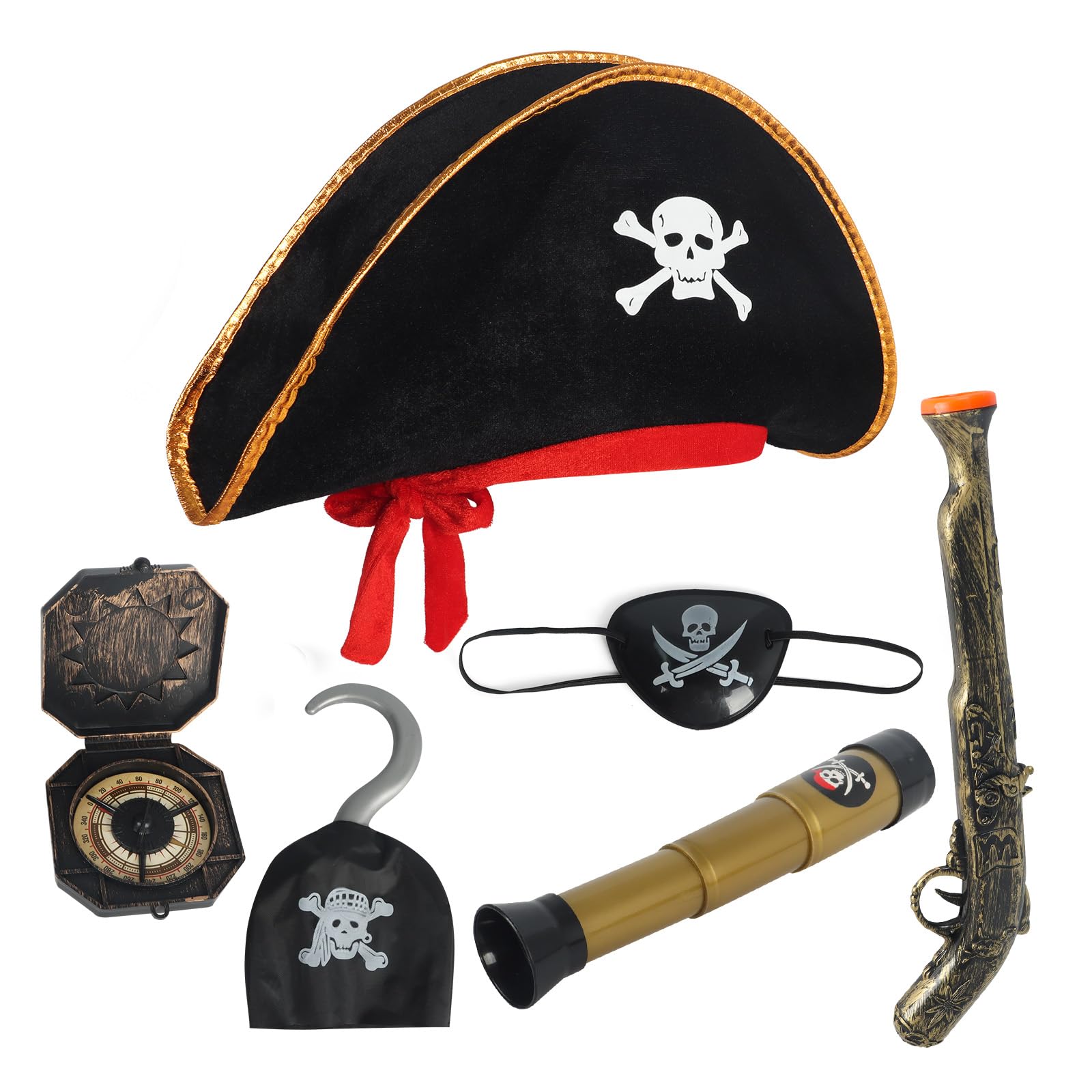 Berich Pirate Accessories Costume Kids Pirate Hat,Eye Patch,Hook,Compass,Telescope,Toy Handgun Kids Role Playing Toys One Size Halloween Costume Accessories Therm Party Outfits