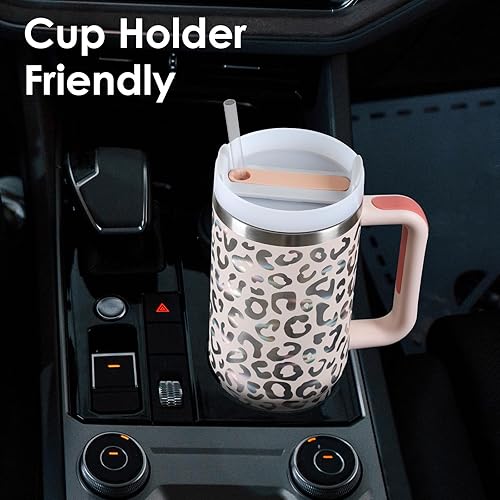 Miniatura 5 de cudinham Vaso de 40 onzas con tapa con asa, popote aislado al vacío de acero inoxidable para mantener las bebidas frías, soporte para taza de café